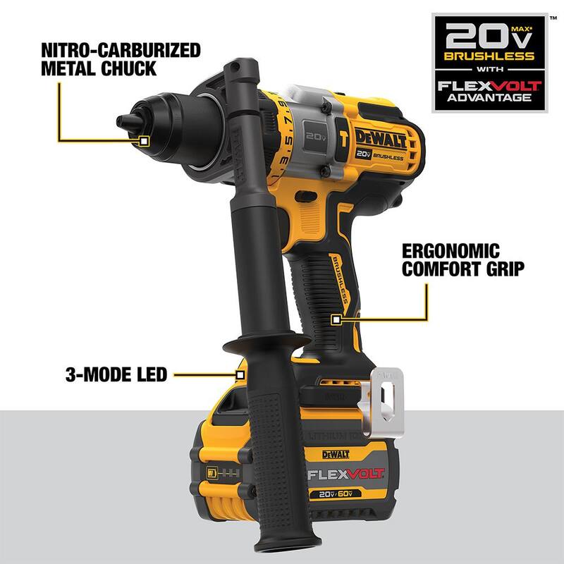 Taladro/destornillador inalámbrico sin escobillas DEWALT 20V MAX de 1/2 pulgadas con martillo, con ventaja FLEXVOLT y (1) batería FLEXVOLT 6.0Ah - DCD999T1