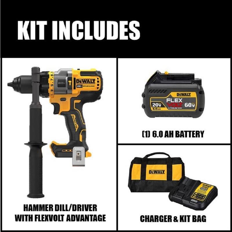 Taladro/destornillador inalámbrico sin escobillas DEWALT 20V MAX de 1/2 pulgadas con martillo, con ventaja FLEXVOLT y (1) batería FLEXVOLT 6.0Ah - DCD999T1