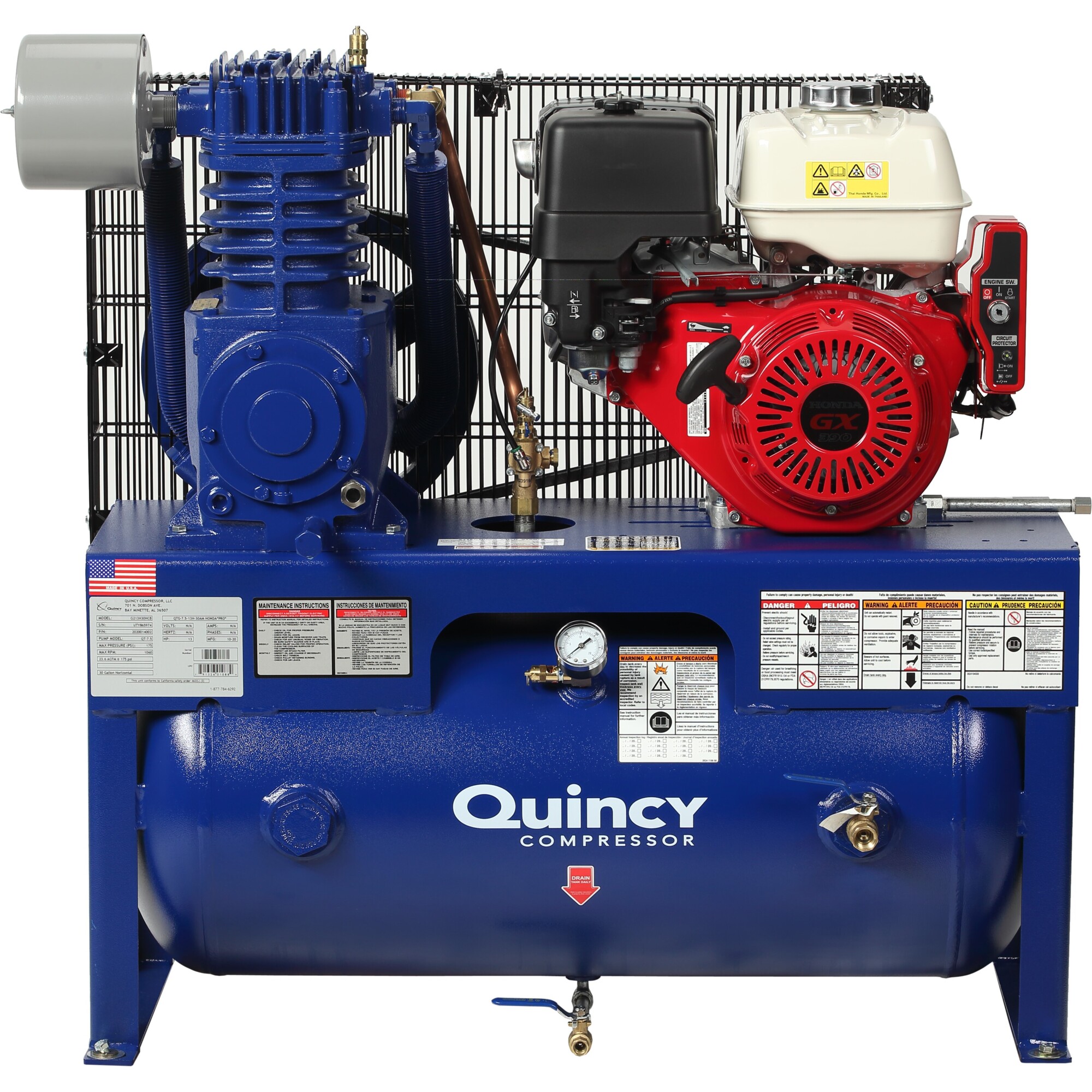 Compresor de aire Quincy, QT 13H 30G 2Stg (Honda) Horizontal, 13 HP, Tanque de aire de 30 galones, Modelo G413H30HCB