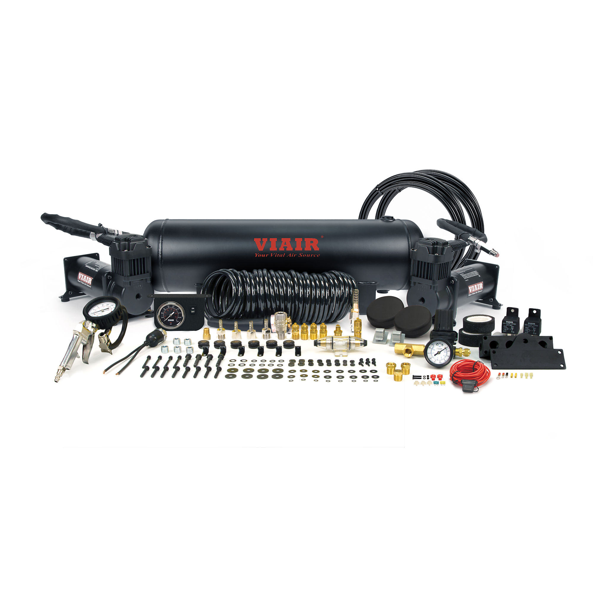 Sistema de Compresor de Aire a Bordo VIAIR Dual 444C, 200 PSI, Tanque de 2.5 Galones, Color Negro Stealth, Modelo #20020.