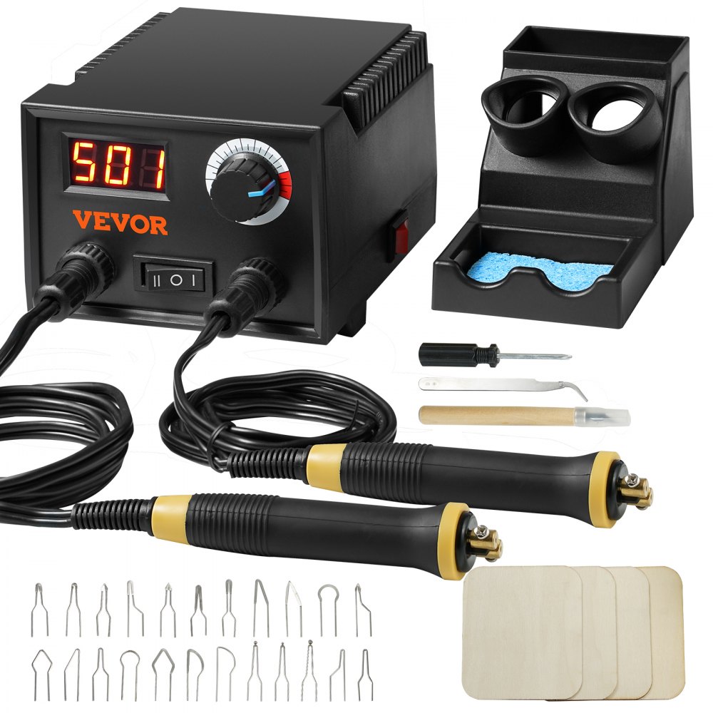 VEVOR Wood Burning Kit, 200~700°C Adjustable Temperature with Display, Dual Output Port with 2 Pyrography Pens, 23 Wire Nibs, 4 Wood Chip, 1 Pen Holder, 1 Screwdriver, 1 Knife, 1 Tweezers, 1 Sponge - GYLHJSDKSXXJW9HRCV1