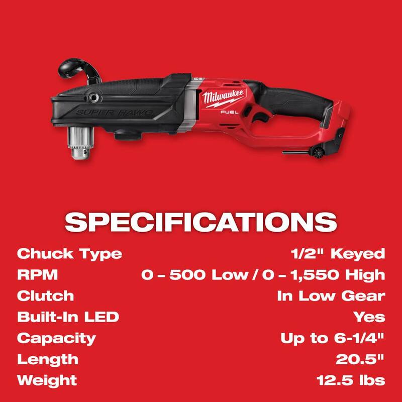 Milwaukee M18 FUEL 18V Lithium-Ion Brushless Cordless GEN 2 SUPER HAWG 1/2 in. Taladro de ángulo recto (solo la herramienta) - 2809-20