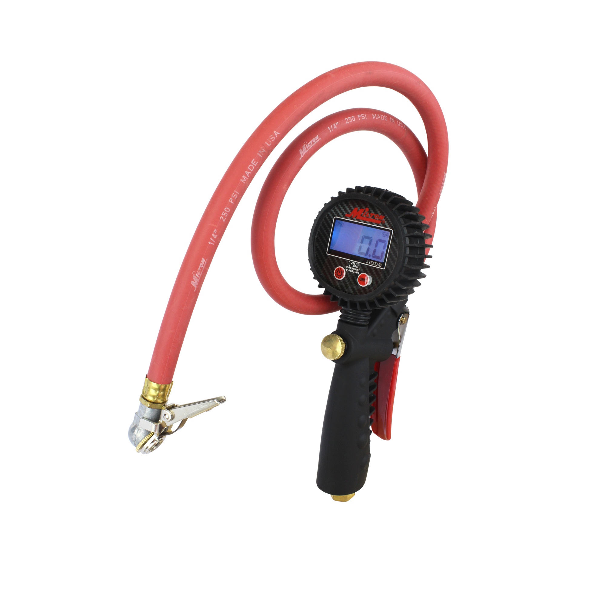 Medidor inflador digital Milton con pie de bola y clip para aire, modelo#573D