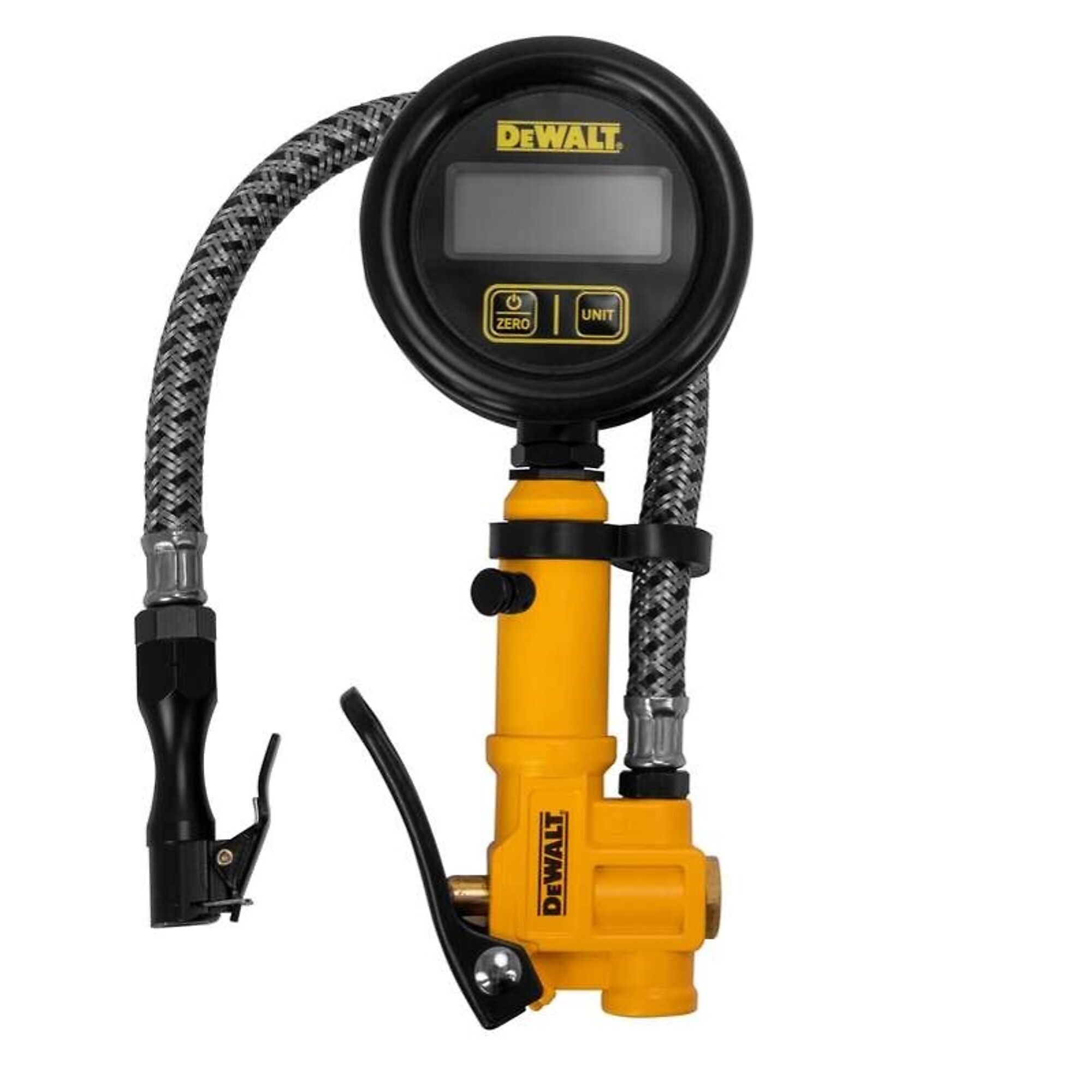 Inflador digital DEWALT de 2.5 pulgadas con manguera trenzada de acero de 15 pulgadas, modelo DXCM024-0438