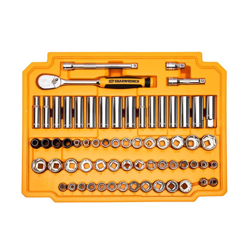 Set de herramientas para mecánicos GEARWRENCH de 1/4 y 3/8 pulgadas con trinquete de 90 dientes estándar y profundo SAE/métrico en caja de almacenamiento de 3 cajones (232 piezas) - 80949