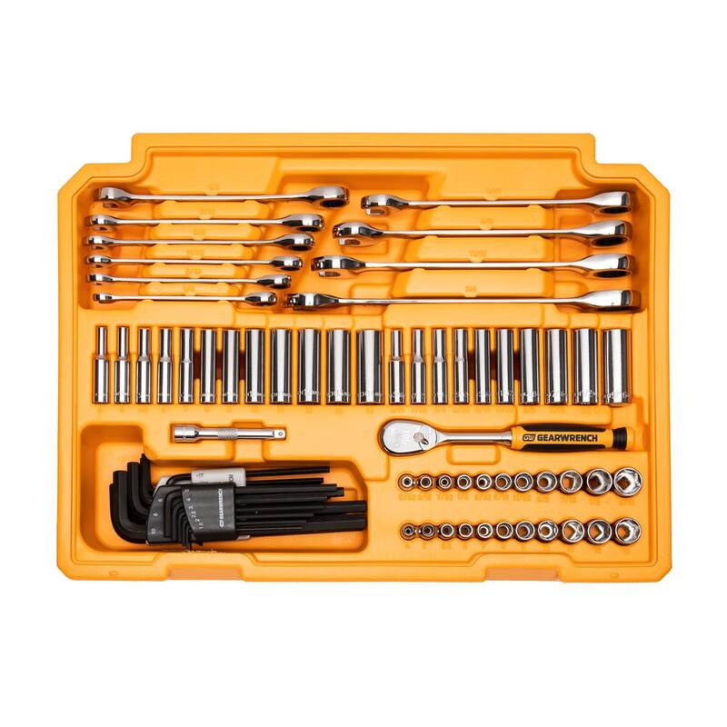 Set de herramientas para mecánicos GEARWRENCH de 1/4 y 3/8 pulgadas con trinquete de 90 dientes estándar y profundo SAE/métrico en caja de almacenamiento de 3 cajones (232 piezas) - 80949