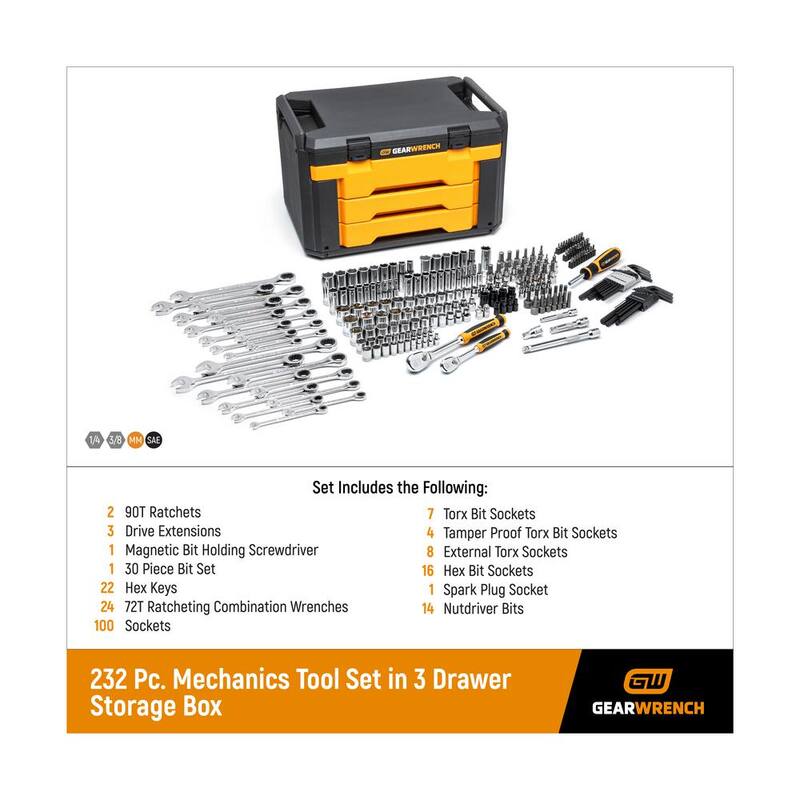 Set de herramientas para mecánicos GEARWRENCH de 1/4 y 3/8 pulgadas con trinquete de 90 dientes estándar y profundo SAE/métrico en caja de almacenamiento de 3 cajones (232 piezas) - 80949