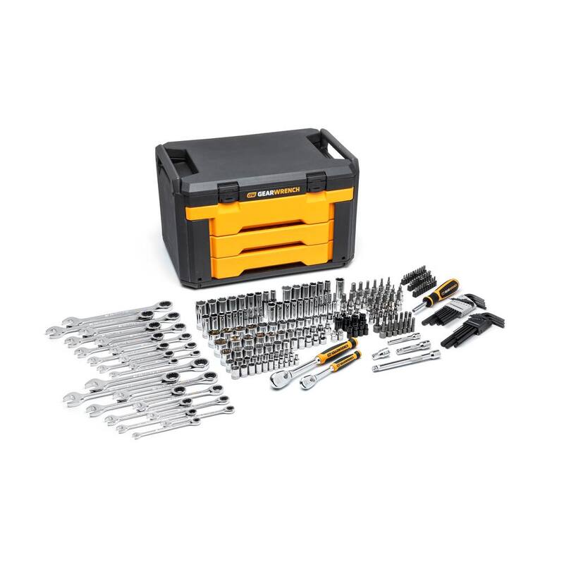 Set de herramientas para mecánicos GEARWRENCH de 1/4 y 3/8 pulgadas con trinquete de 90 dientes estándar y profundo SAE/métrico en caja de almacenamiento de 3 cajones (232 piezas) - 80949