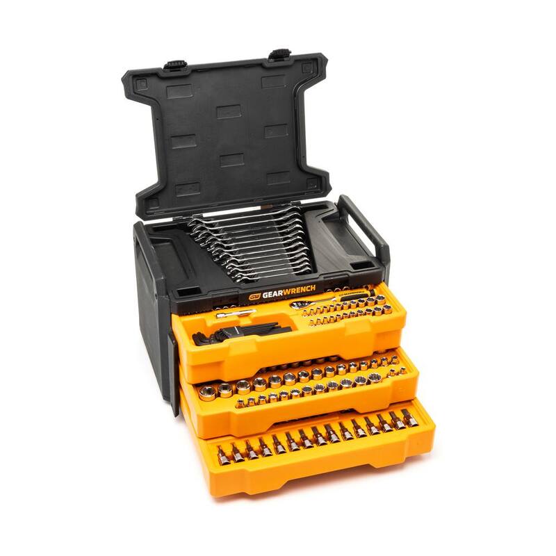 Set de herramientas para mecánicos GEARWRENCH de 1/4 y 3/8 pulgadas con trinquete de 90 dientes estándar y profundo SAE/métrico en caja de almacenamiento de 3 cajones (232 piezas) - 80949