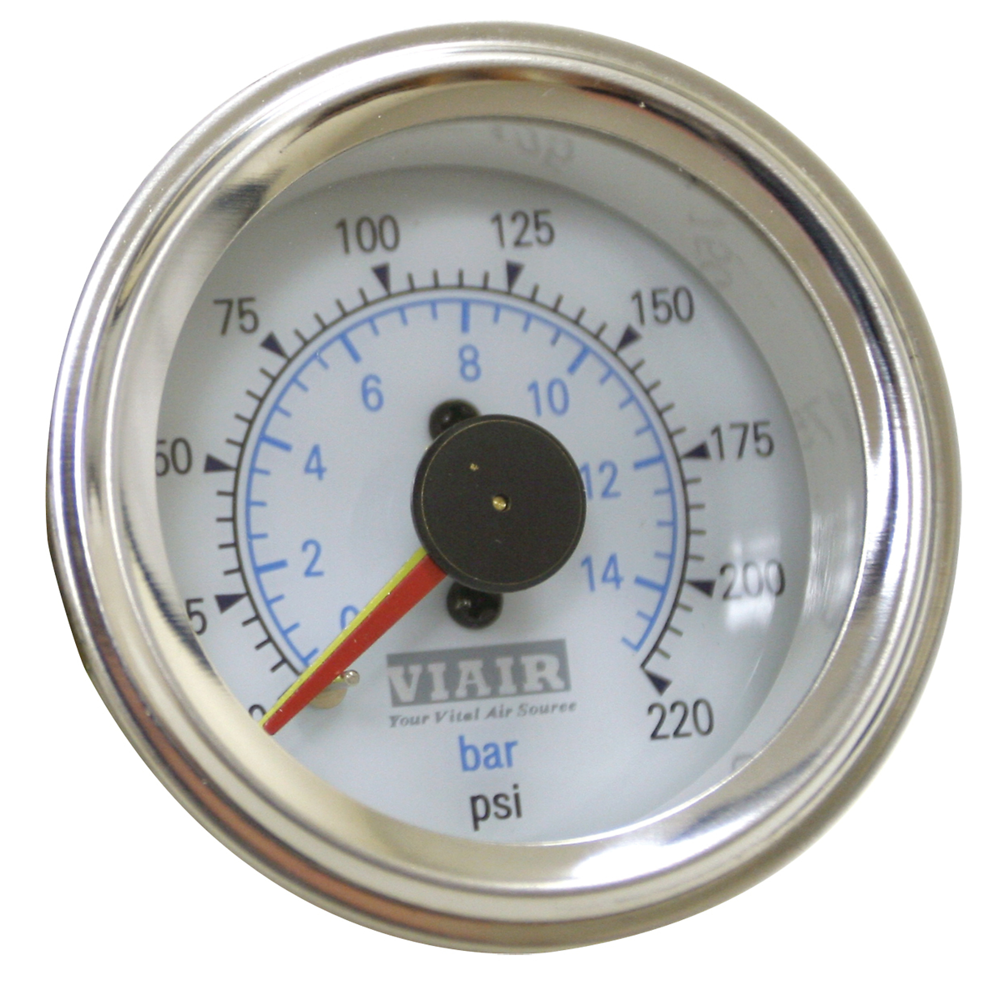 Medidor de aire con doble aguja Viair - 2 pulgadas, 220 PSI, cara blanca, Modelo# 90081