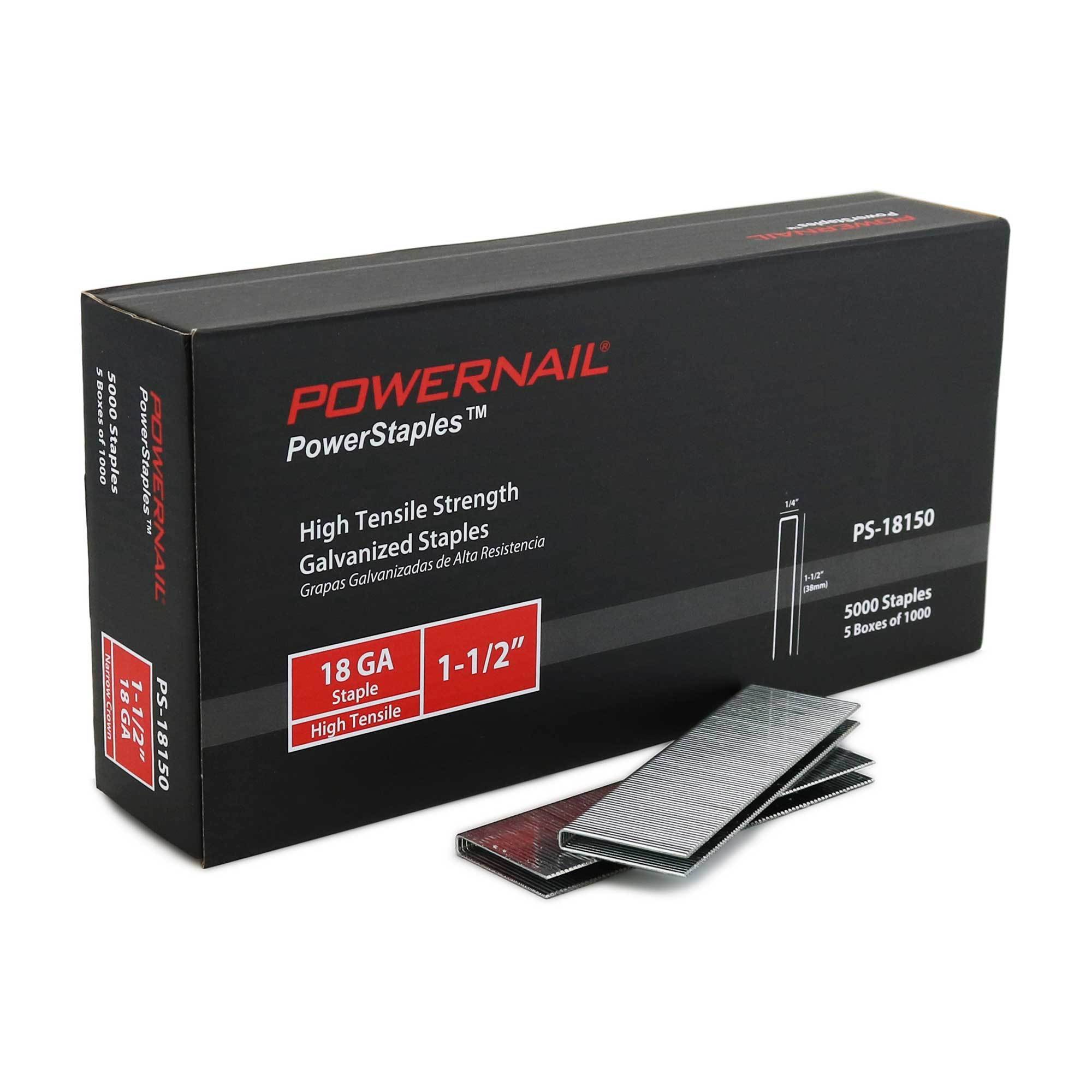 Clavadora POWERNAIL, Grapa de 1-1/2 pulgadas, Corona de 1/4 pulgadas, 1 caja de 30,000 piezas, Tamaño de fijación 1.2 pulgadas, Ángulo de pistola de clavos 0°, Modelo PS18150.PWR.