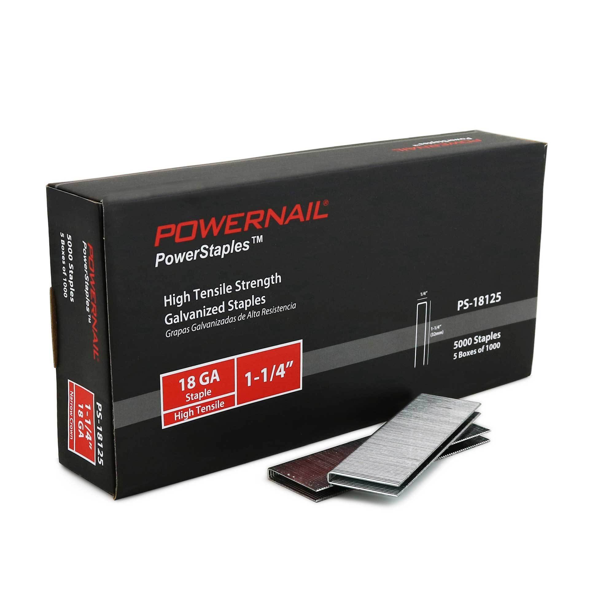 Grapa de 1-1/4 pulgadas de POWERNAIL, 18ga, corona de 1/4 pulgadas, 1 caja de 30,000 piezas. Tamaño de fijador 1.25 pulgadas, ángulo de pistola de clavos 0°, Modelo# PS18125.PWR.