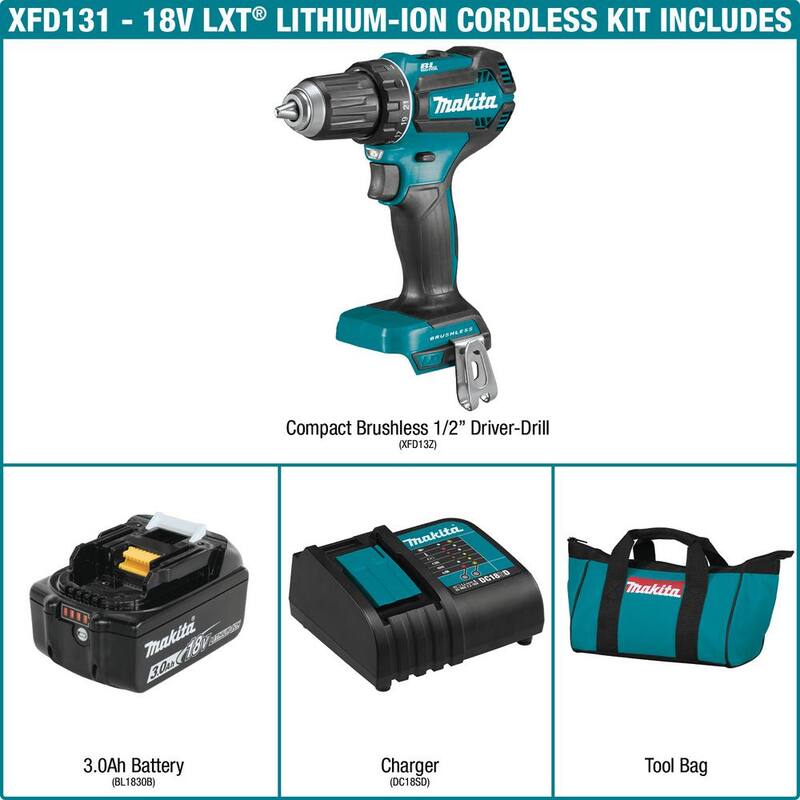 Juego de taladro atornillador Makita 18V LXT de iones de litio sin escobillas inalámbrico de 1/2 pulgadas, 3.0Ah - XFD131