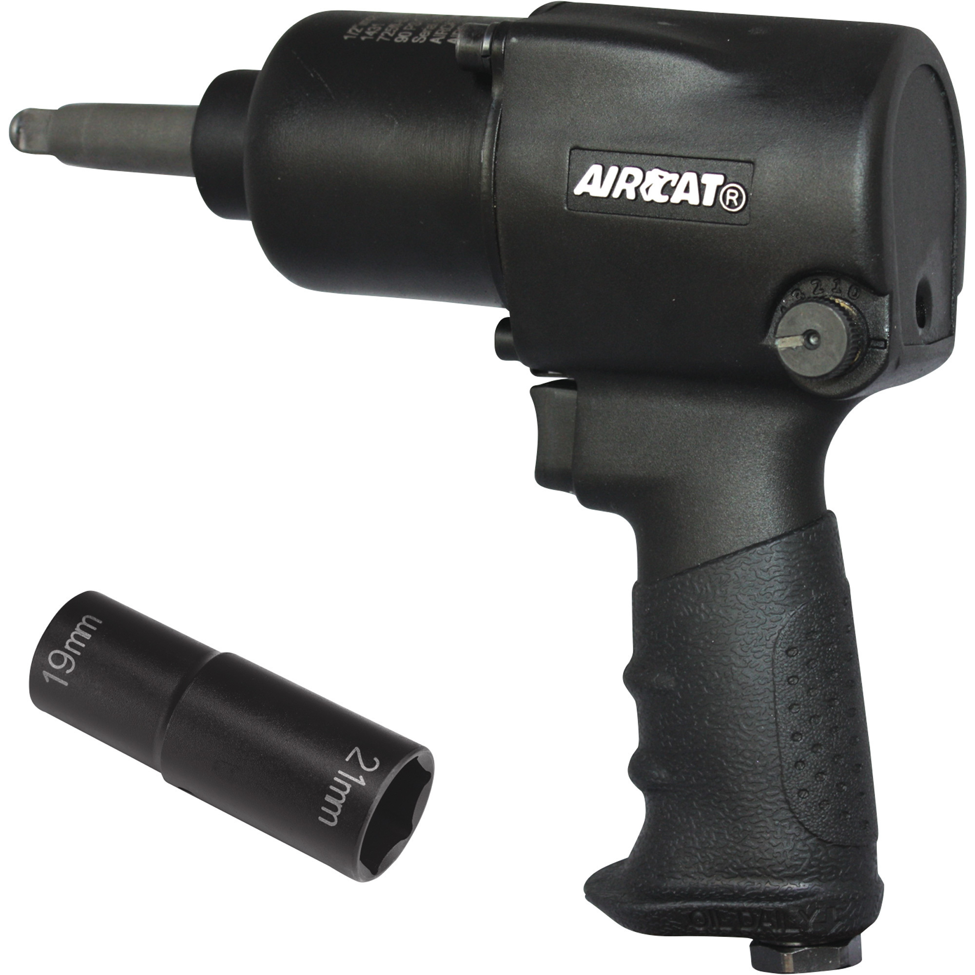 Llave de impacto de aire AIRCAT de 1/2 pulgadas con yunque extendido de 2 pulgadas, 800ft./lbs. de torque, modelo# 1431-2.