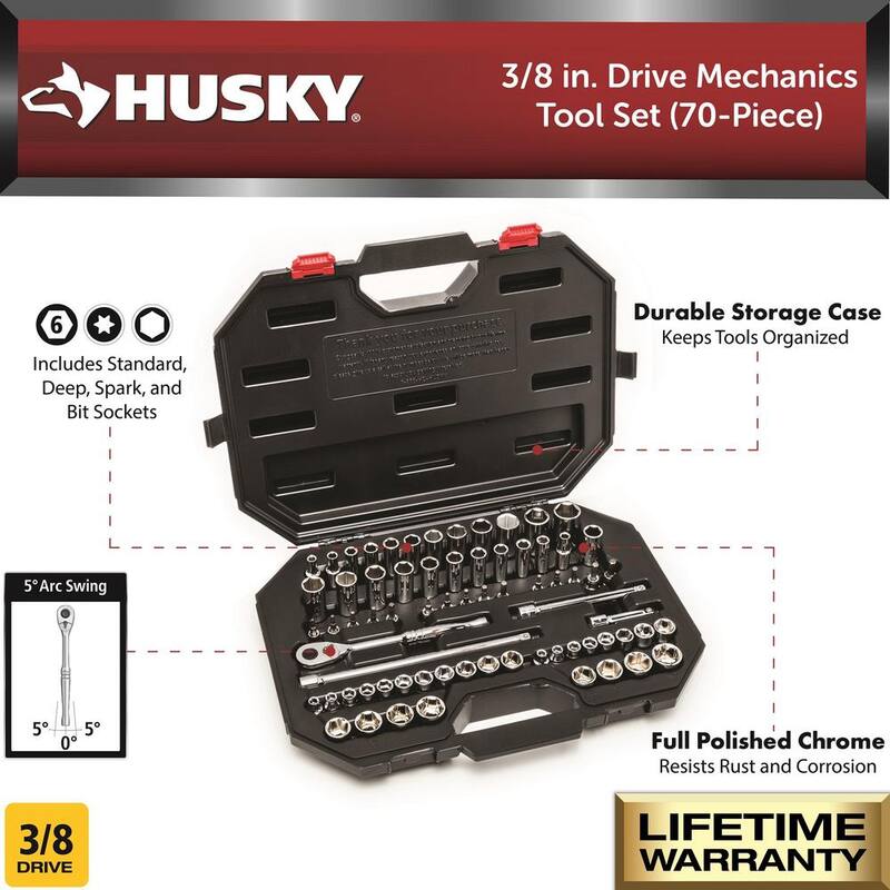 Juego de herramientas mecánicas Husky de 3/8 pulgadas (70 piezas) - H70MTS3D