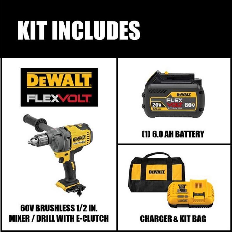 Mezcladora/Taladro de Concreto de 1/2 pulgadas sin escobillas inalámbrico DEWALT FLEXVOLT 60V MAX con E-Clutch y (1) batería FLEXVOLT 6.0Ah - DCD130T1.