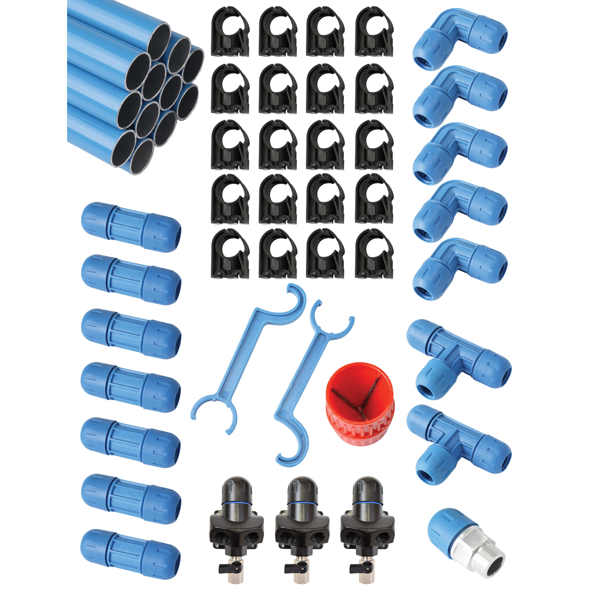 Tubo rápido de 90 pies con 3 salidas y 14 conexiones, 3/4 in. MNPT, acoplador de 3/4 in, máx. PSI 190. Kit de 35 piezas modelo F28070.