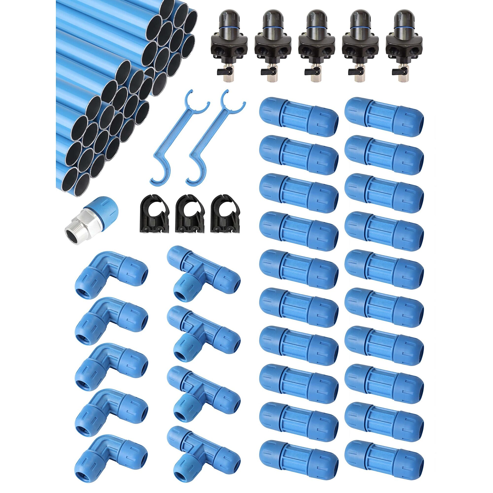 Kit Maestro Fastpipe de 240 pies con tubería de 7 pies y 6 pulgadas de diámetro 3/4in, acoplador de 3/4in y capacidad máxima de presión de 190 PSI. Incluye 100 piezas del modelo F18240.