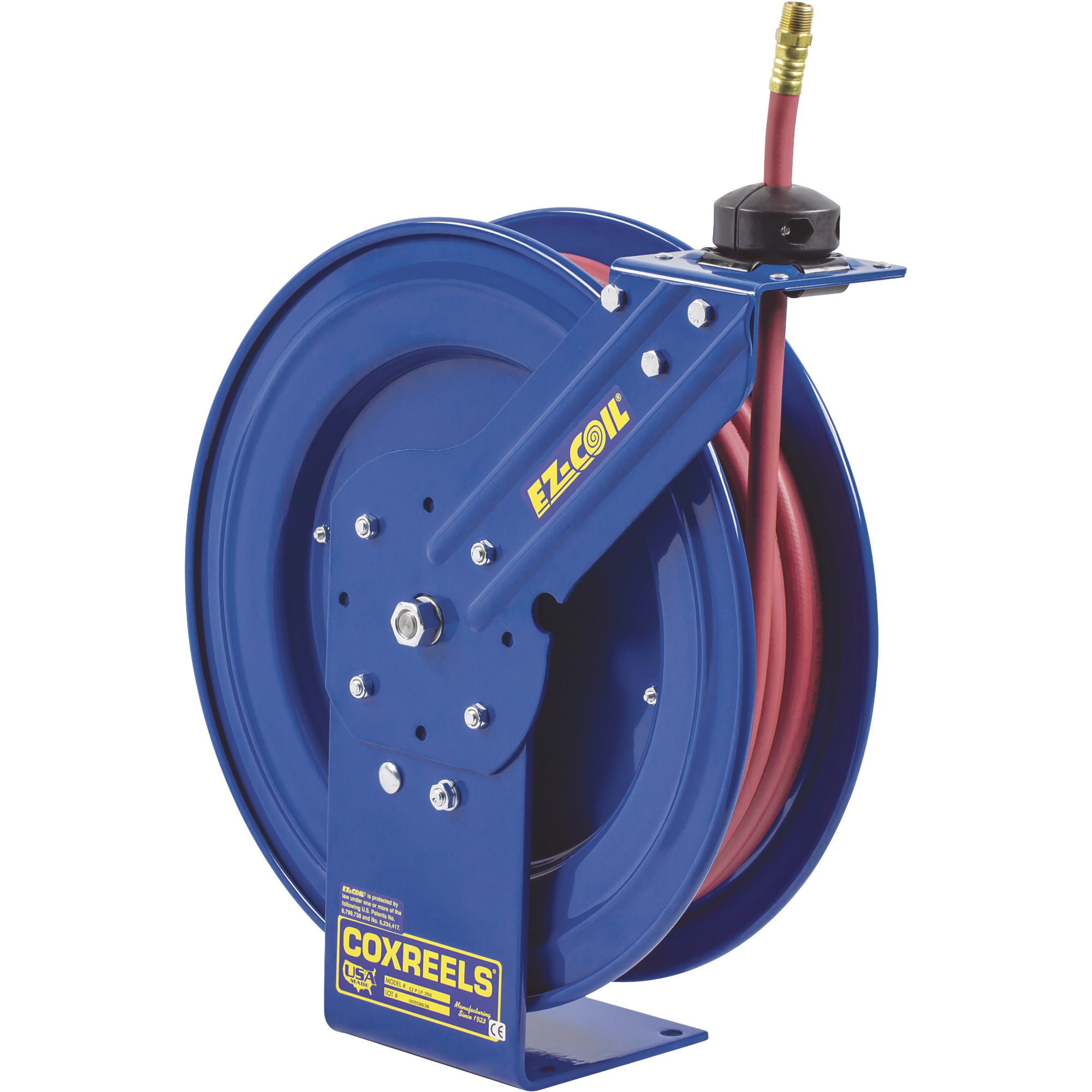Carrete de manguera compacto Coxreels EZ-Coil equipado con manguera PVC de 1/2 pulg. x 50 pies, máx. 300 PSI, modelo EZ-P-LP-450.
