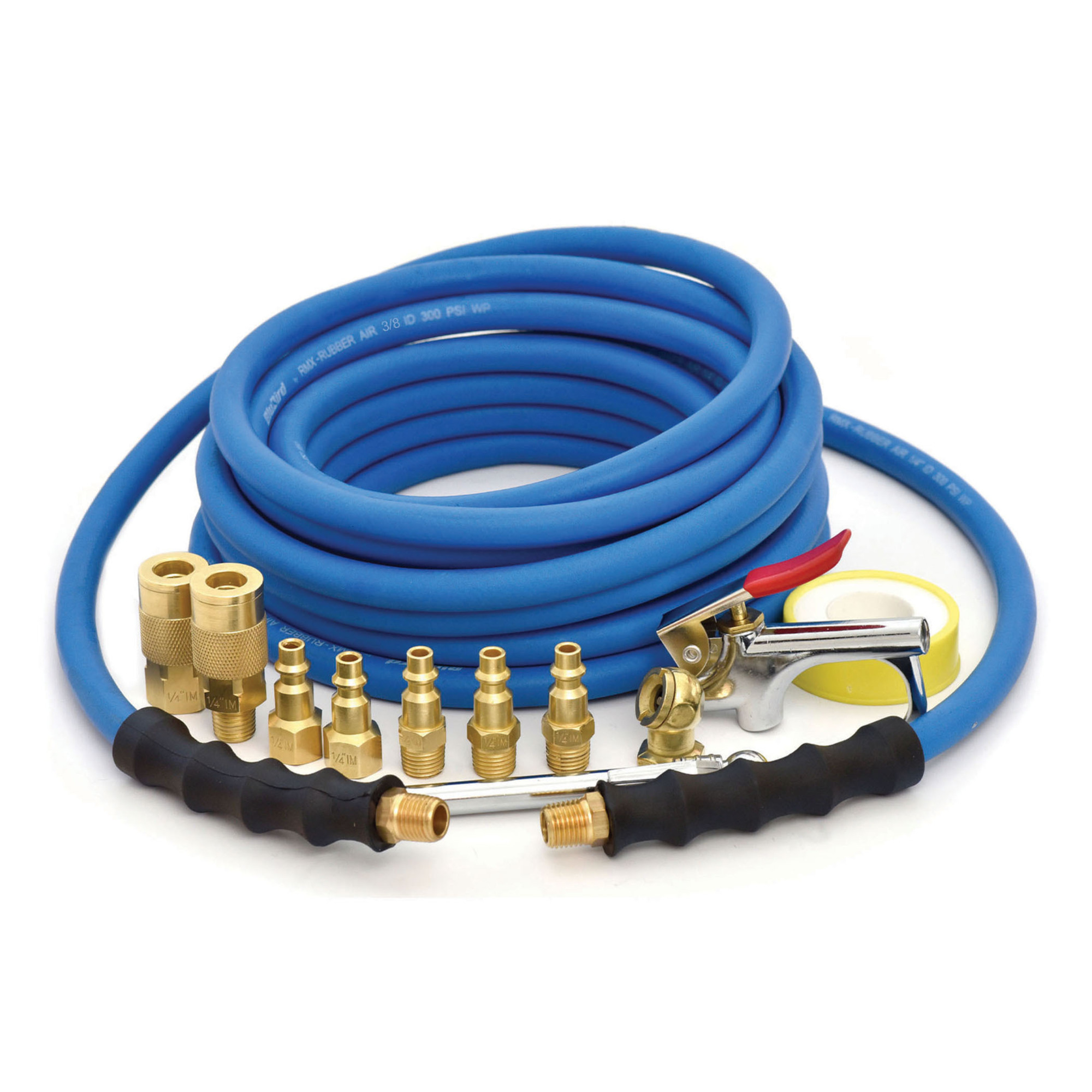 Ensamble de manguera de aire de goma BluBird 3/8in.x25ft. con kit de accesorios de 10 piezas - Diámetro de manguera 3/8 in, Longitud de manguera 25 ft, Modelo # BB3825KIT-10.