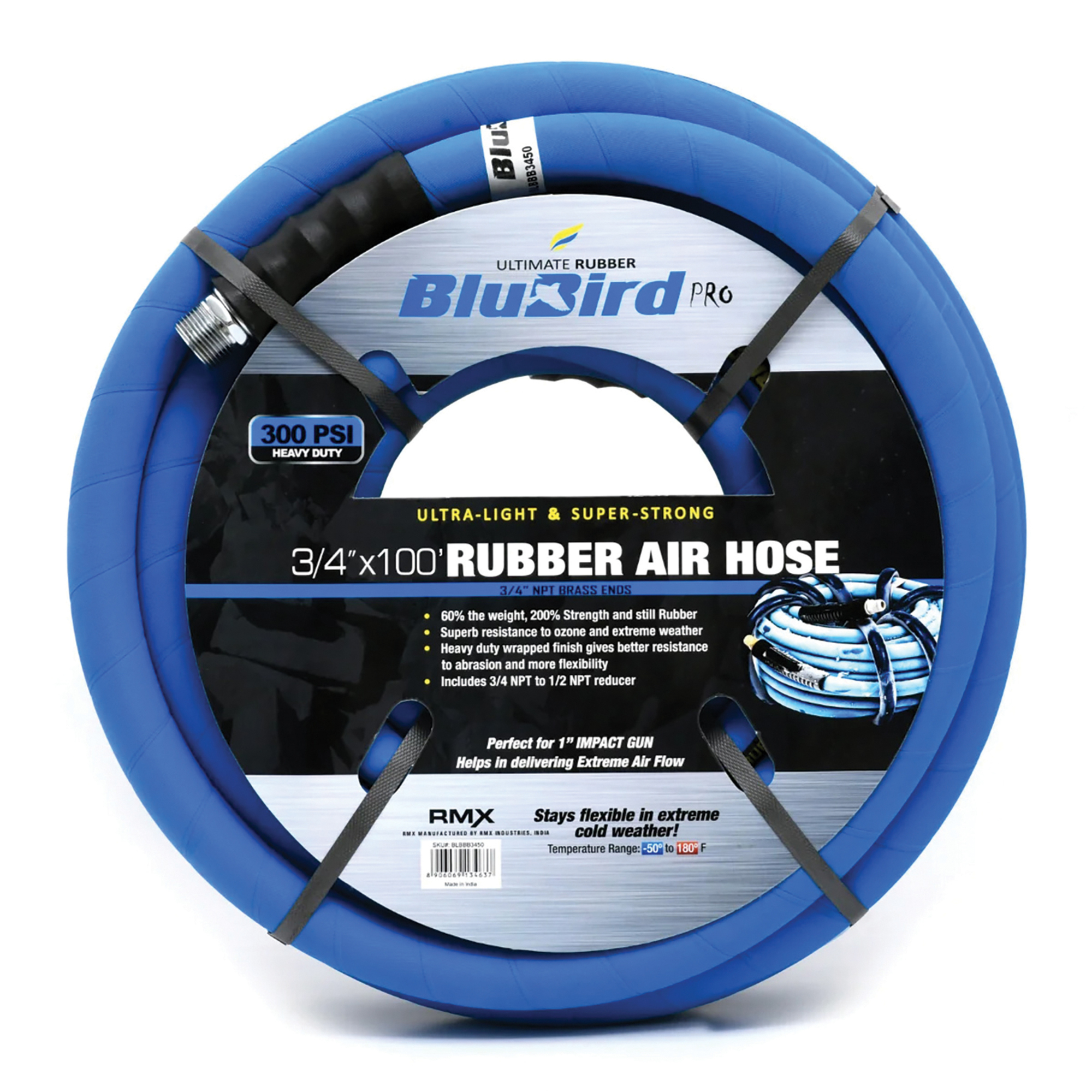 Ensamblaje de manguera de aire de caucho Pro de BluBird 3/4in.x100ft., Diámetro de la manguera 3/4 in, Longitud de la manguera 100 ft, Modelo# BBPRO34100