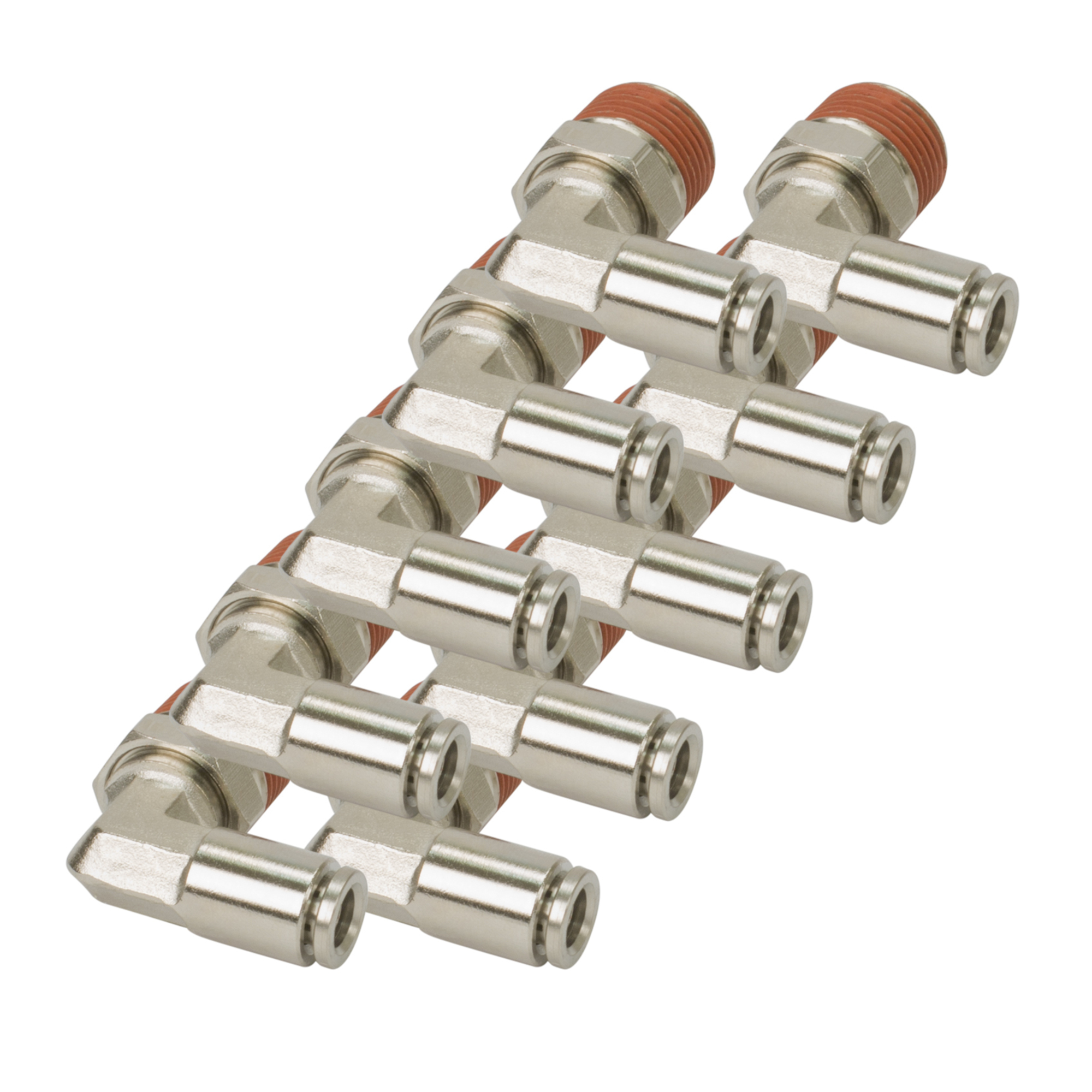 Conector giratorio en ángulo de 90 grados Viair para tubo PTC - 3/8 pulg. NPT, latón niquelado, Modelo# 11450-BP
