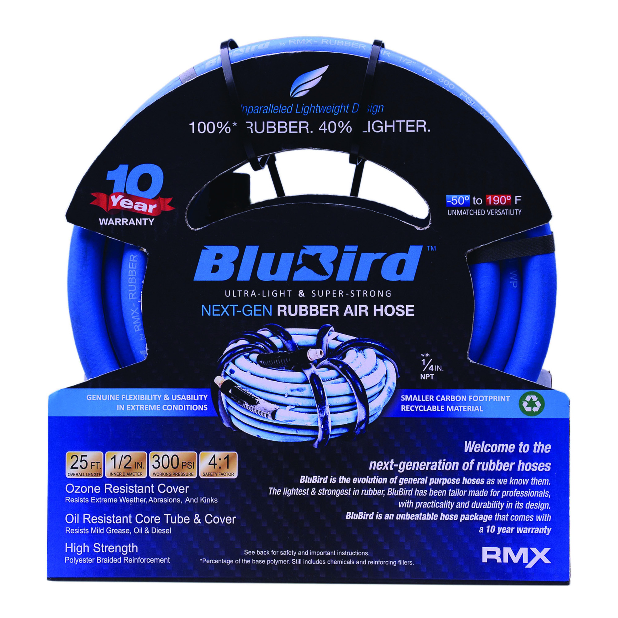 Ensamble de manguera de aire de caucho BluBird de 1/2 pulgadas x 25 pies (Modelo #BB1225)