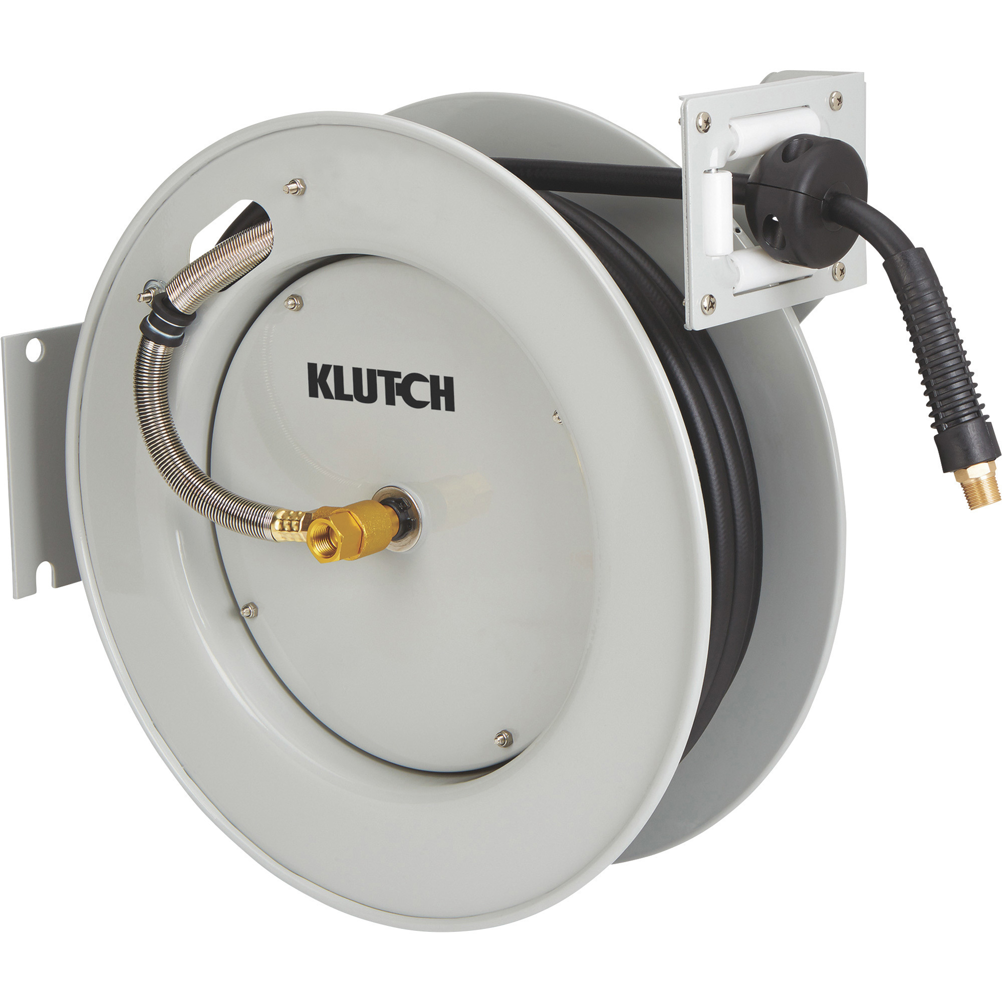 Carrete para manguera de aire con retroceso automático Klutch, con manguera híbrida de polímero de 3/8in. x 50ft. y 300 PSI máximo.