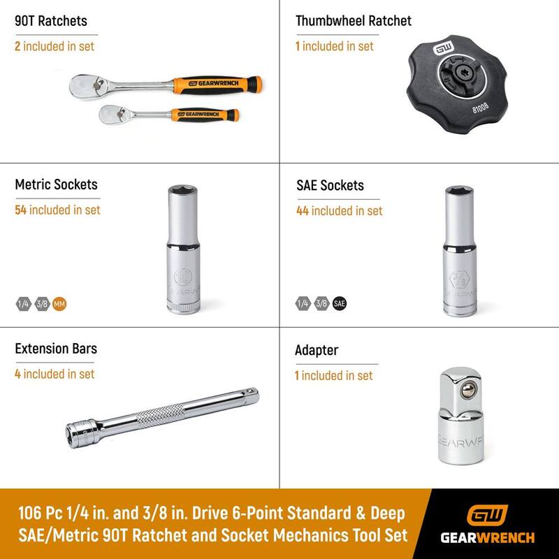 Juego de Herramientas Mecánicas GEARWRENCH de 1/4 y 3/8 pulgadas y 6 puntos, Estándar y Profundo, SAE/Métrico con Trinquete de 90 Dientes y 106 piezas - 83001