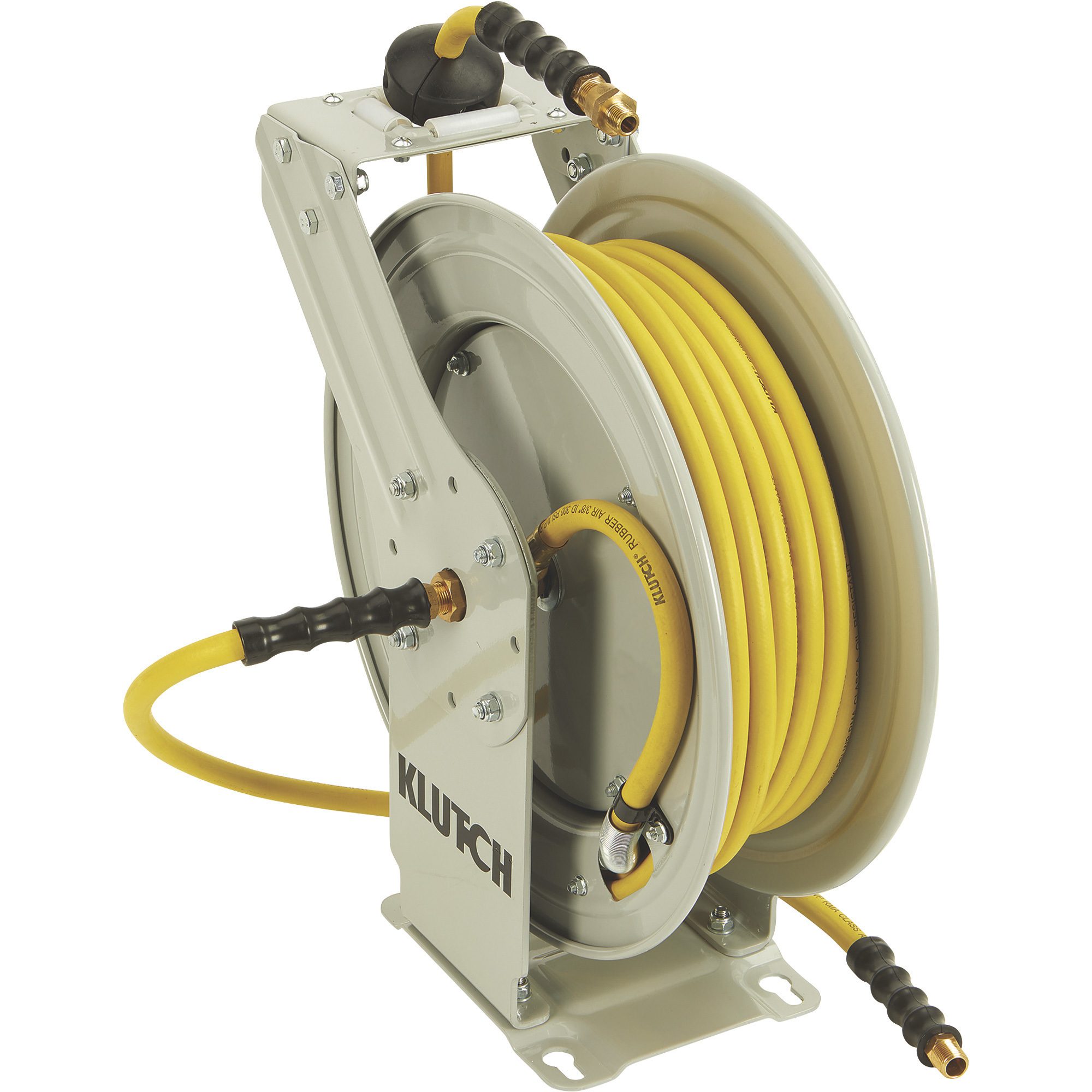 Enrollador de manguera de aire Klutch Auto-Rewind de doble brazo con manguera de 3/8 pulg. x 50 pies, 300 PSI.