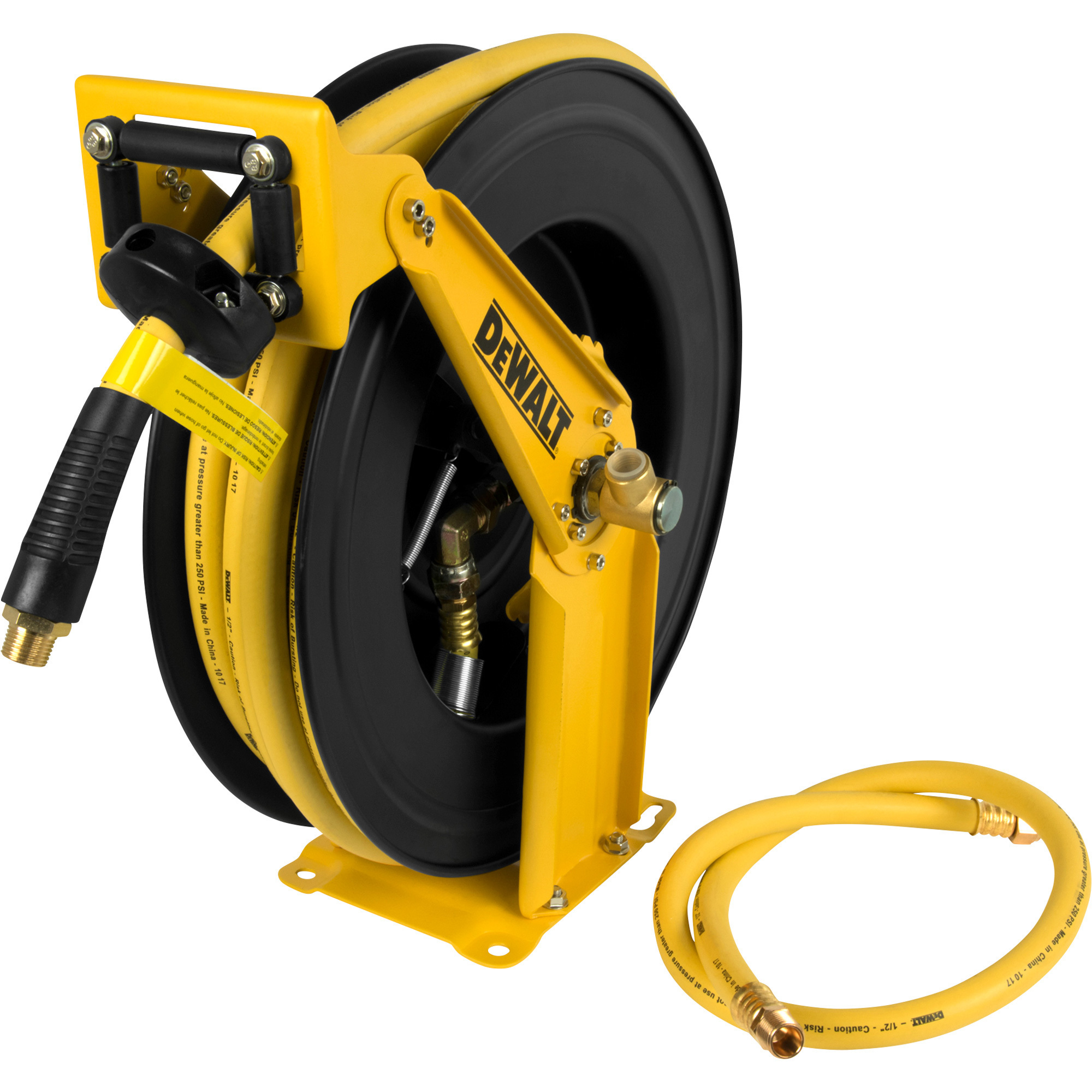 Carrete de manguera de aire auto-retráctil de doble brazo DEWALT, con manguera de 1/2 pulg. x 50 ft. y manguera de entrada de plomo de 3/8 pulg. x 4 ft., 250 PSI máx., Modelo DXCM024-0344.
