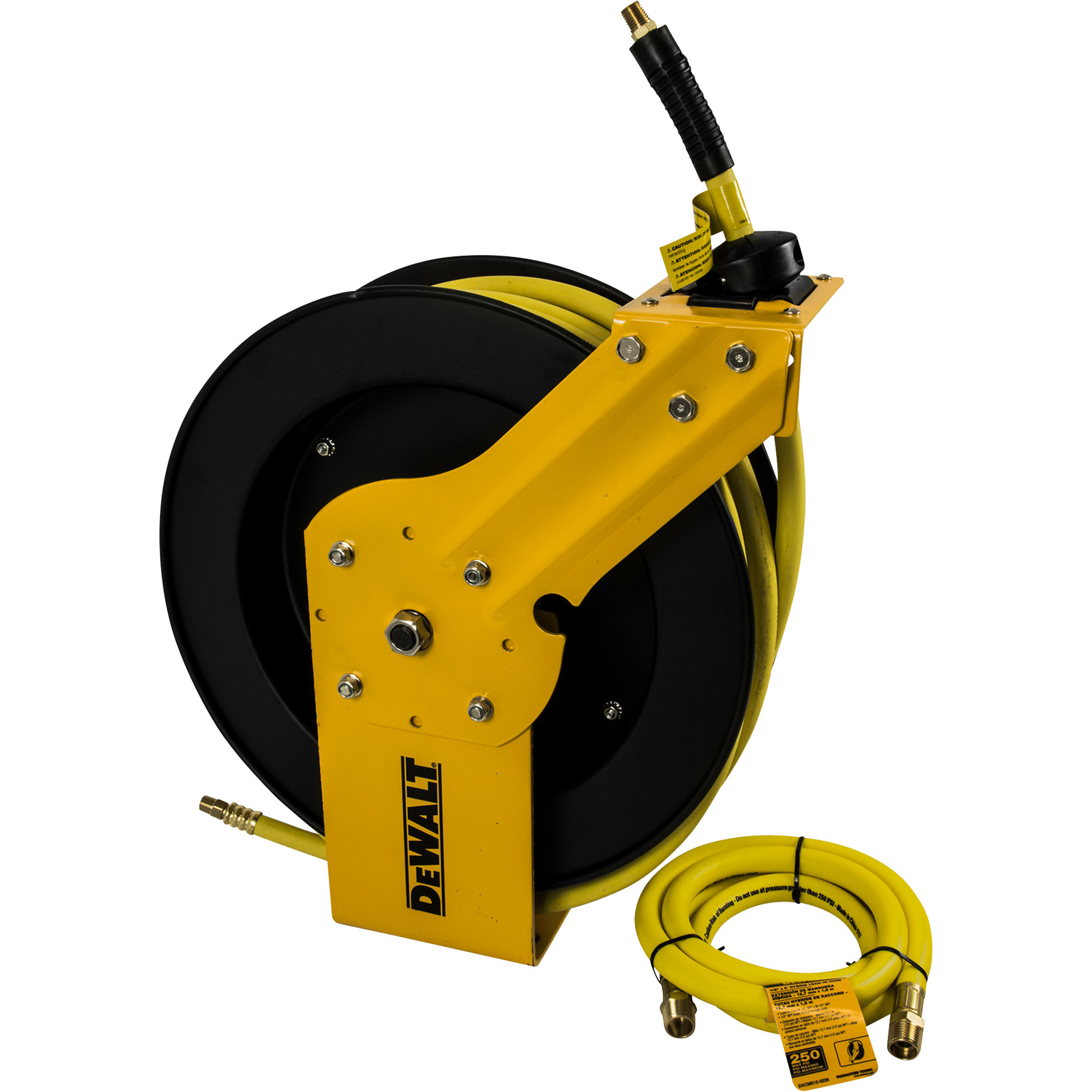 Manguera y carrete de aire DEWALT con brazo retráctil automático, 3/8in. x 50ft. manguera y 3/8in. x 4ft. manguera de entrada, máx. 300 PSI, Modelo # DXCM024-0374