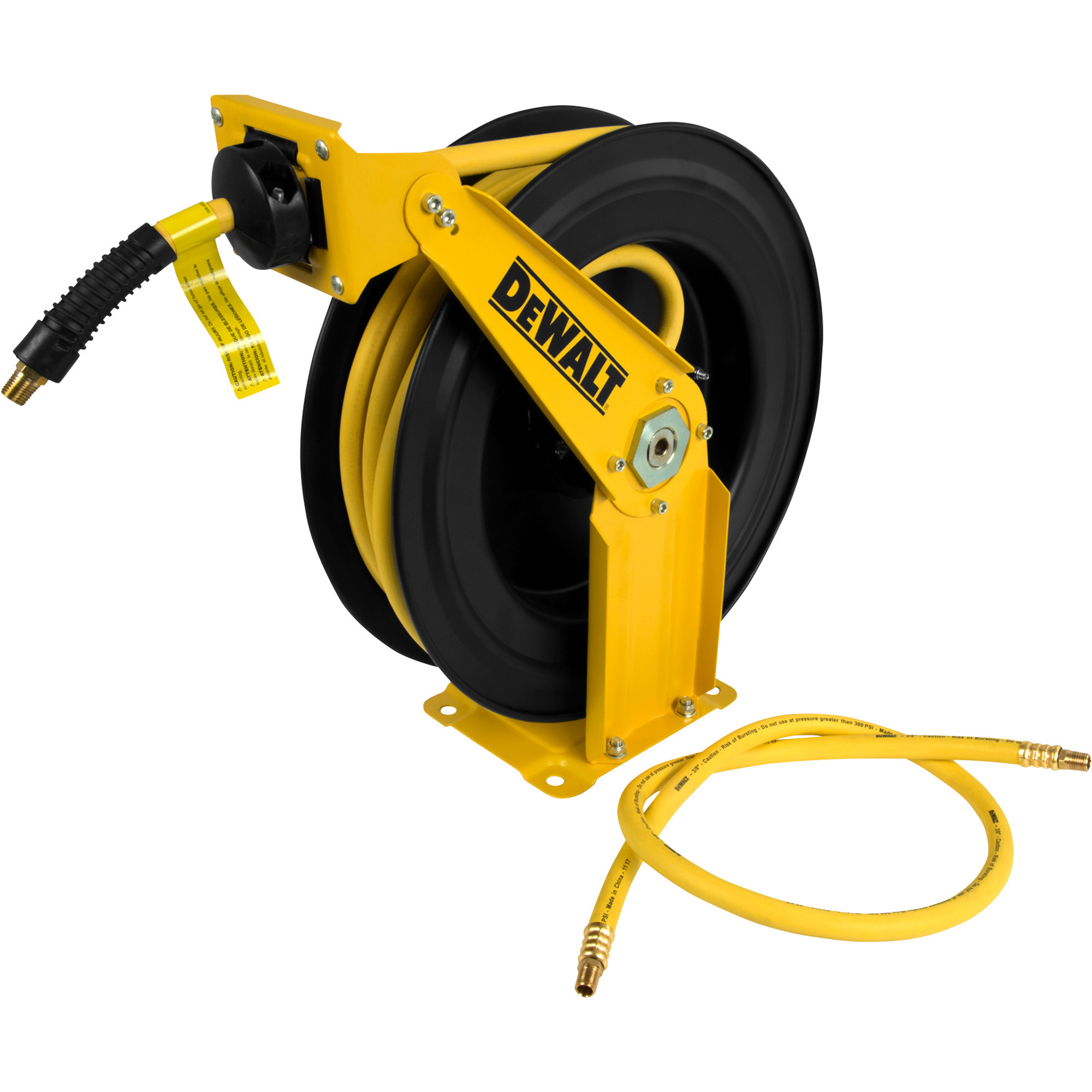 Enrollador de manguera de aire DEWALT de doble brazo con auto-retracción, con manguera de 3/8in. x 50ft. y manguera guía de 3/8in. x 4ft., máximo 300 PSI, modelo #DXCM024-0343.