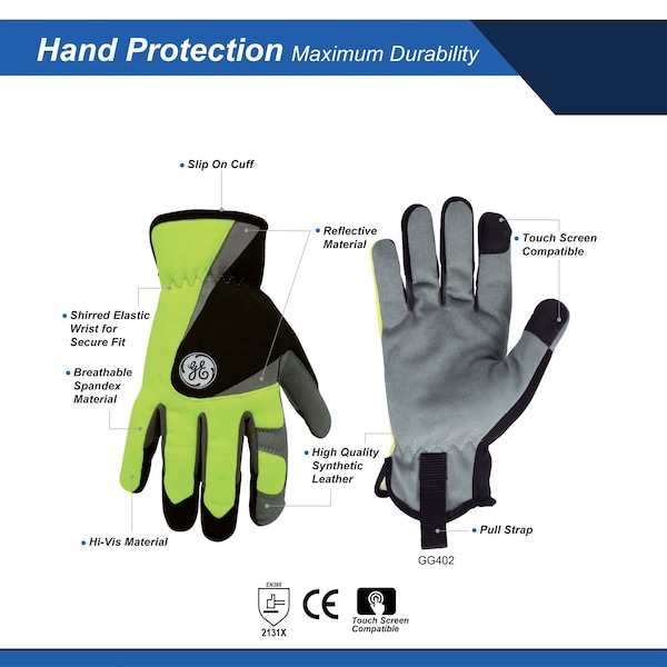 Guantes Ge Mechanics, XL, Negro, Verde de alta visibilidad, Spandex - GG402XLC