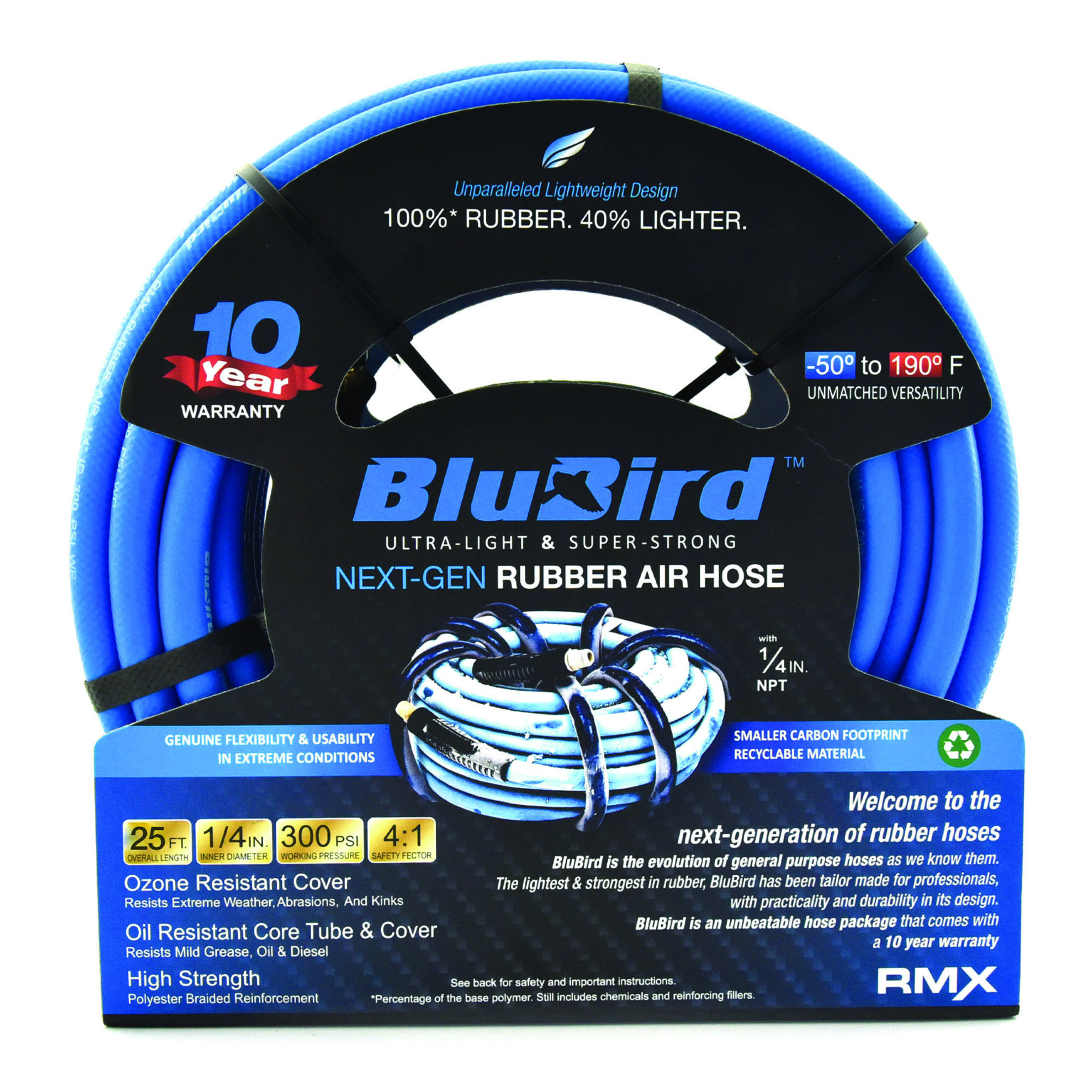 Ensamble de Manguera de Aire de Goma BluBird 1/4 pulg. x 25 pies, Modelo# BB1425