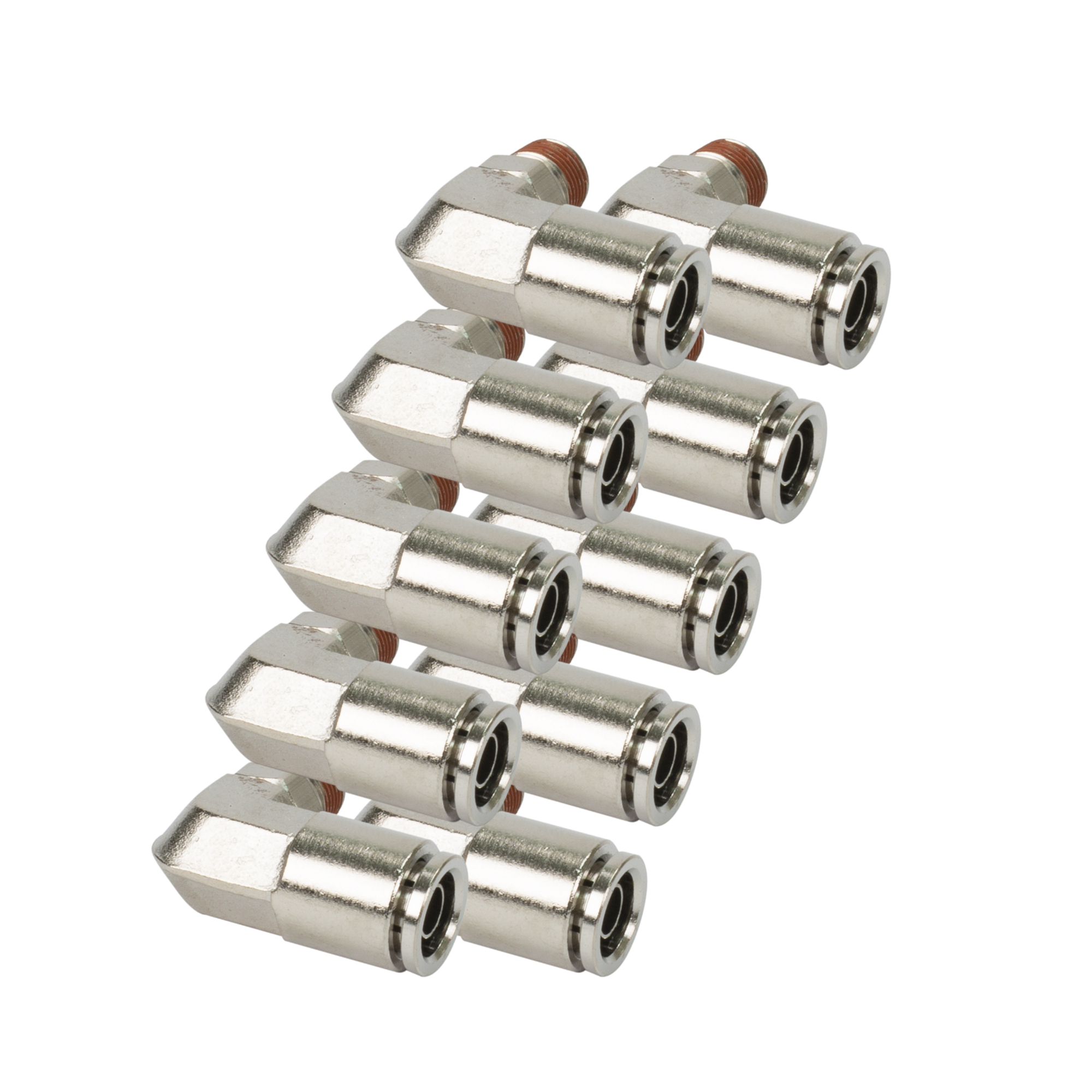 Conector en ángulo de 90 grados Viair para ajuste PTC - latón niquelado, 1/8in. x 1/8in., 200 PSI, 10 piezas, modelo# 11838-BP