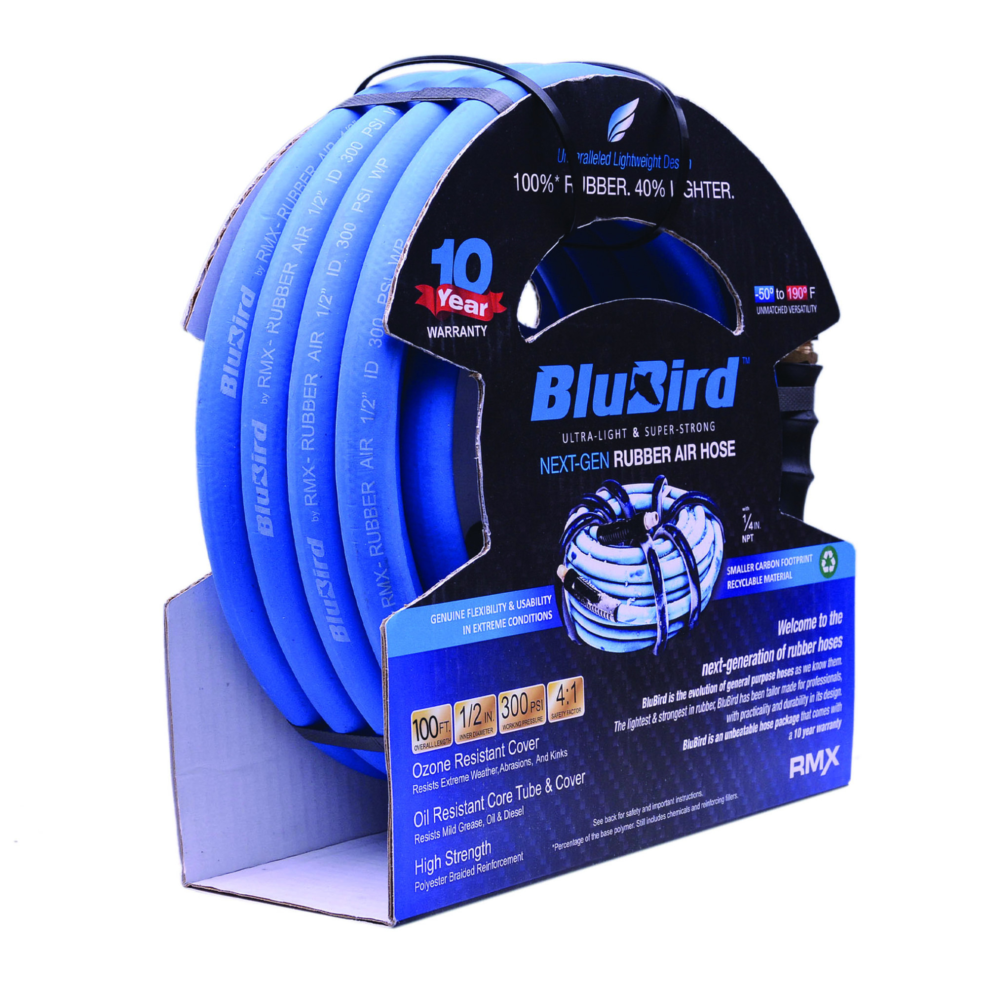 Conjunto de manguera de aire de caucho BluBird 1/2in.x100ft., Diámetro de la manguera 1/2 pulg., Longitud de la manguera 100 pies, Modelo# BB12100