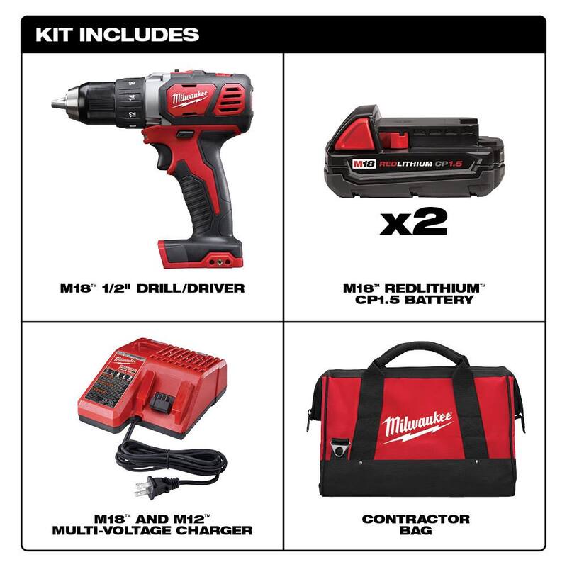 Juego de taladro inalámbrico Milwaukee M18 18V de 1/2 pulgada con baterías de 1.5Ah, cargador y estuche suave - 2606-22CT.