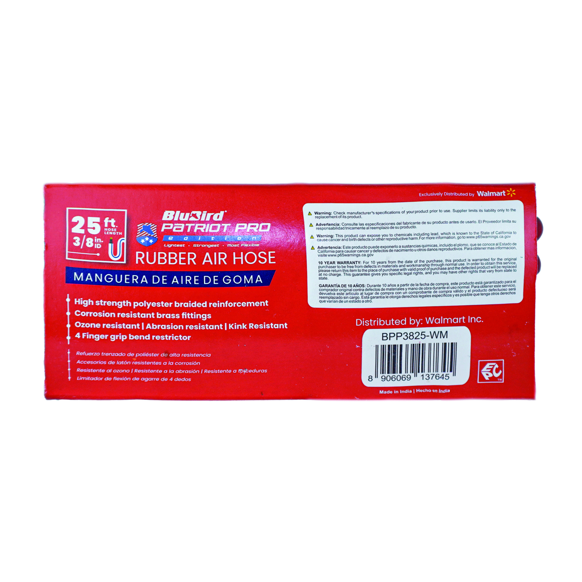 Manguera de aire de goma Patriot Pro, 3/8in.x25ft. Tamaño de la manguera 3/8 pulgadas, longitud de 25 pies, modelo # PPPRO3825.