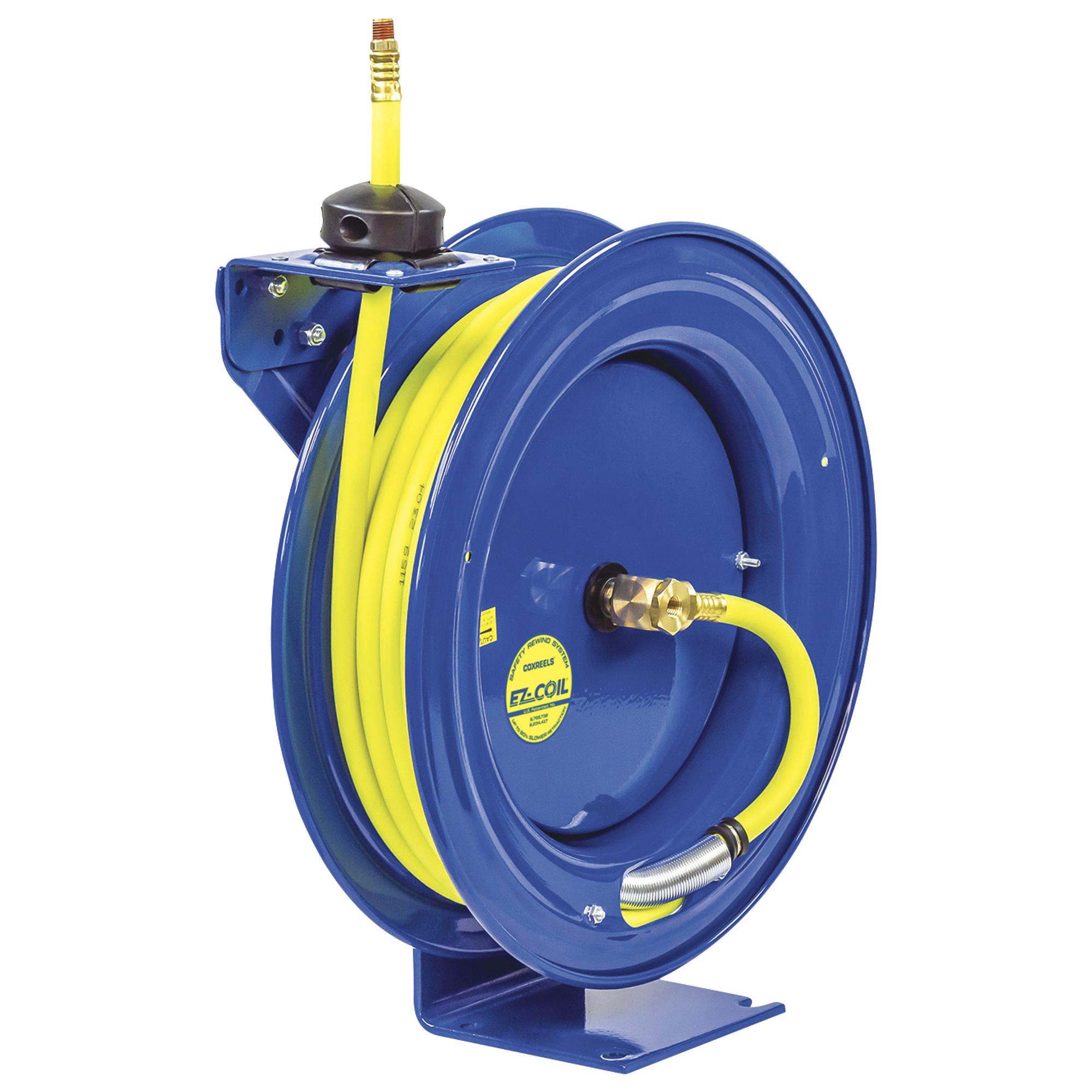 Carrete de manguera de aire/agua Coxreels® HV High-Visibility EZ-Coil, con manguera híbrida de alta visibilidad de 3/8 pulg. x 50 pies, 300 PSI máx. Modelo EZ-P-LP-350-HV.