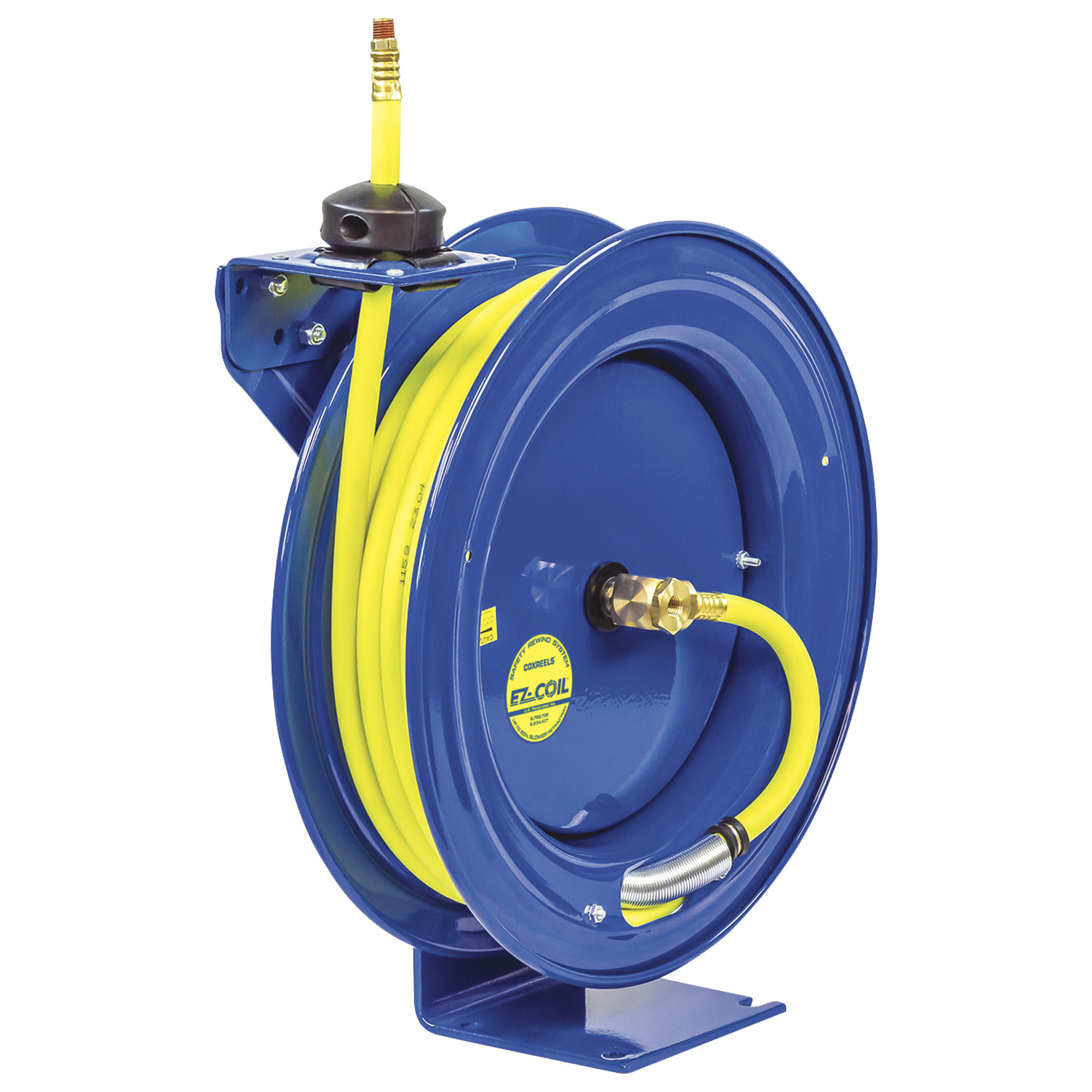Carrete de manguera de aire/agua Coxreels HV High-Visibility EZ-Coil, con manguera híbrida de alta visibilidad de 1/2 pulg. x 50 pies y 300 PSI máx., Modelo# EZ-P-LP-450-HV.