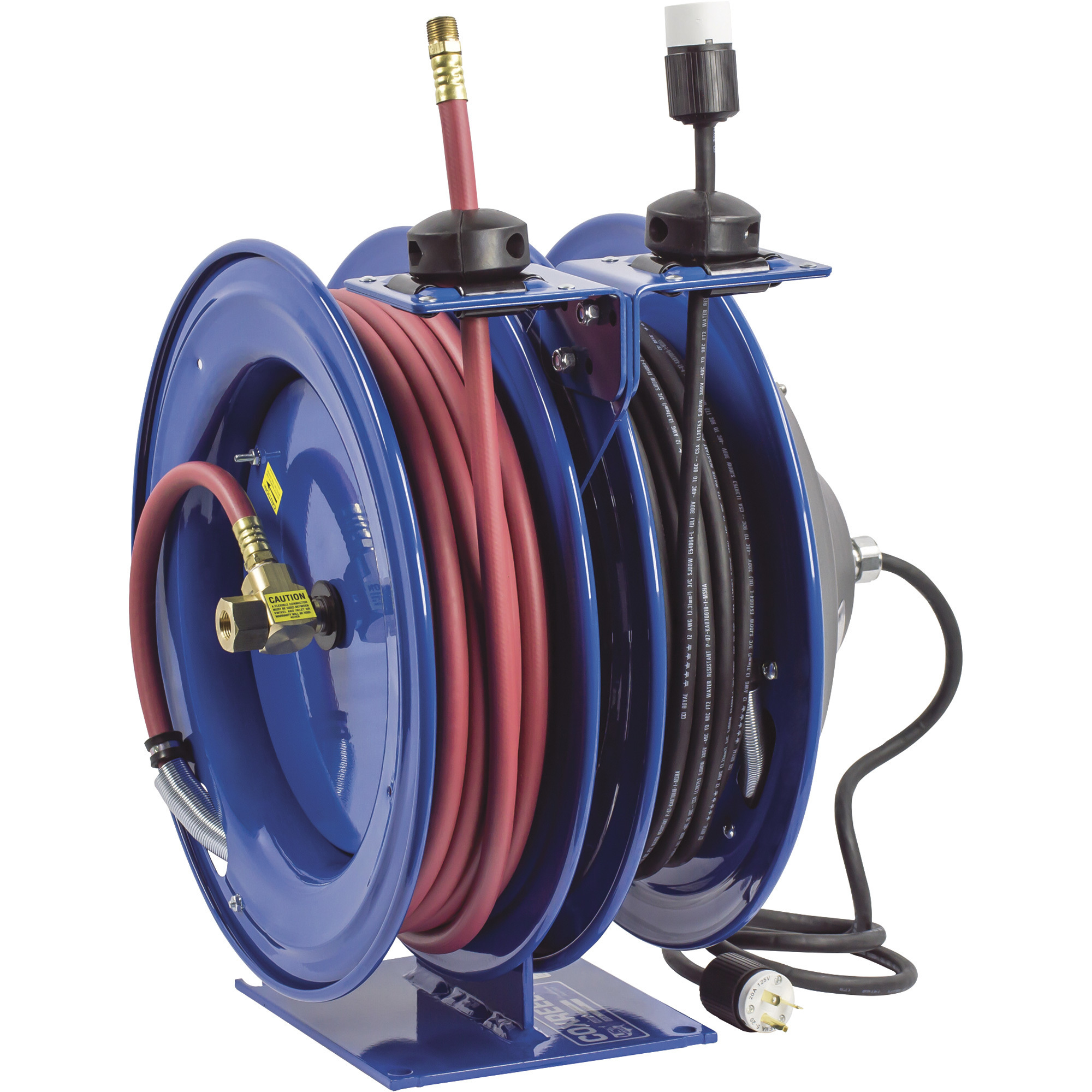 Carrete de manguera de aire y electricidad Coxreels Combo, con luz de jaula incandescente y manguera PVC de 3/8in. x 50ft., máximo 300 PSI, modelo C-L350-5016-E.