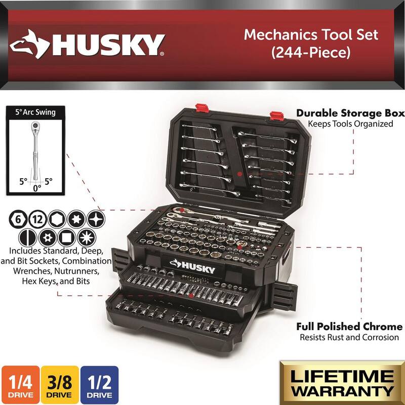 Juego de herramientas mecánicas con trinquete Husky de 1/4 in., 3/8 in. y 1/2 in. de 72 dientes con caja (244 piezas) - H244MTSCHEST