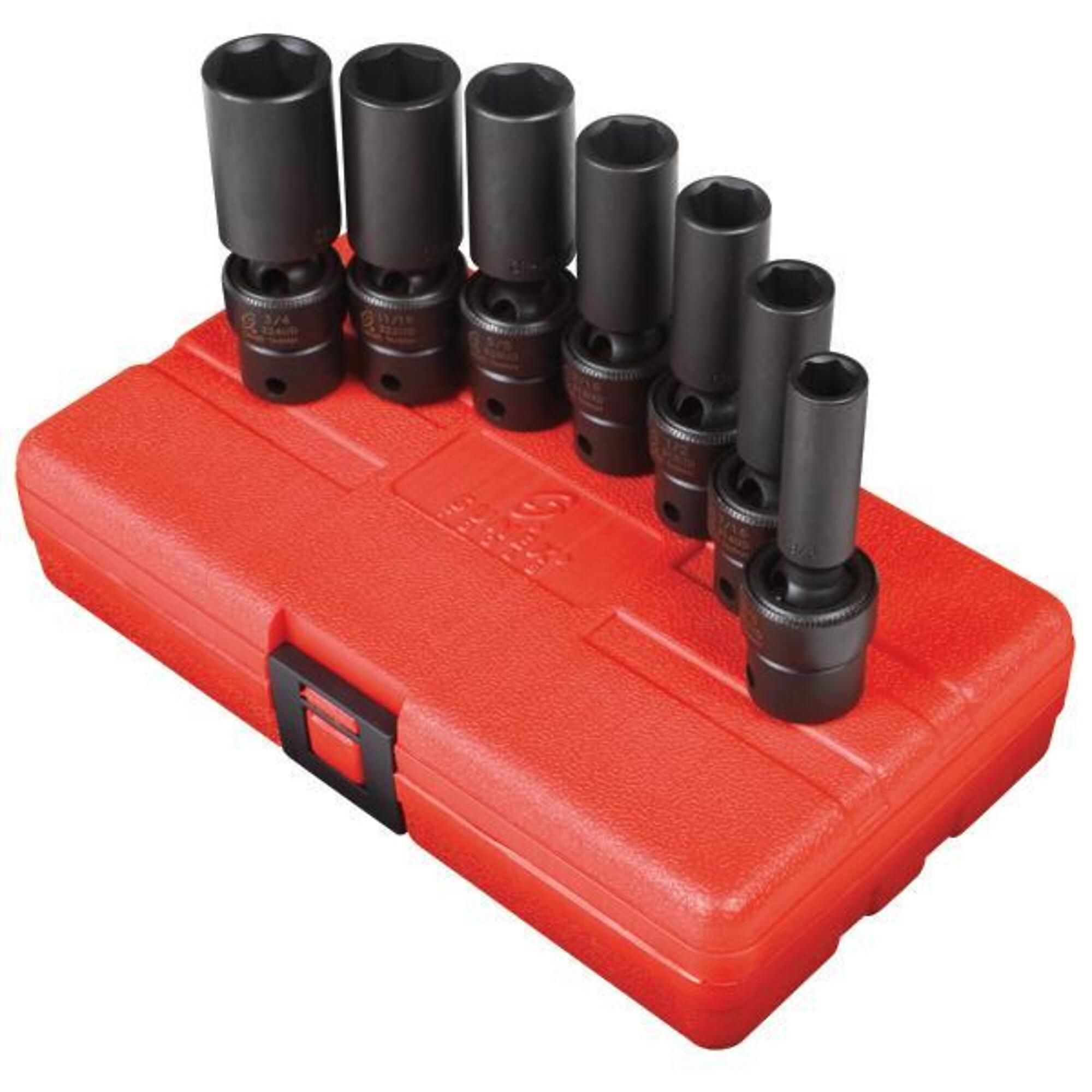 Set de 7 piezas de vasos de impacto universales profundos de 3/8 pulgadas, SAE de 6 puntos de Sunex Tools - Acero de aleación CR-MO, acabado en fosfato negro, modelo # 3656.