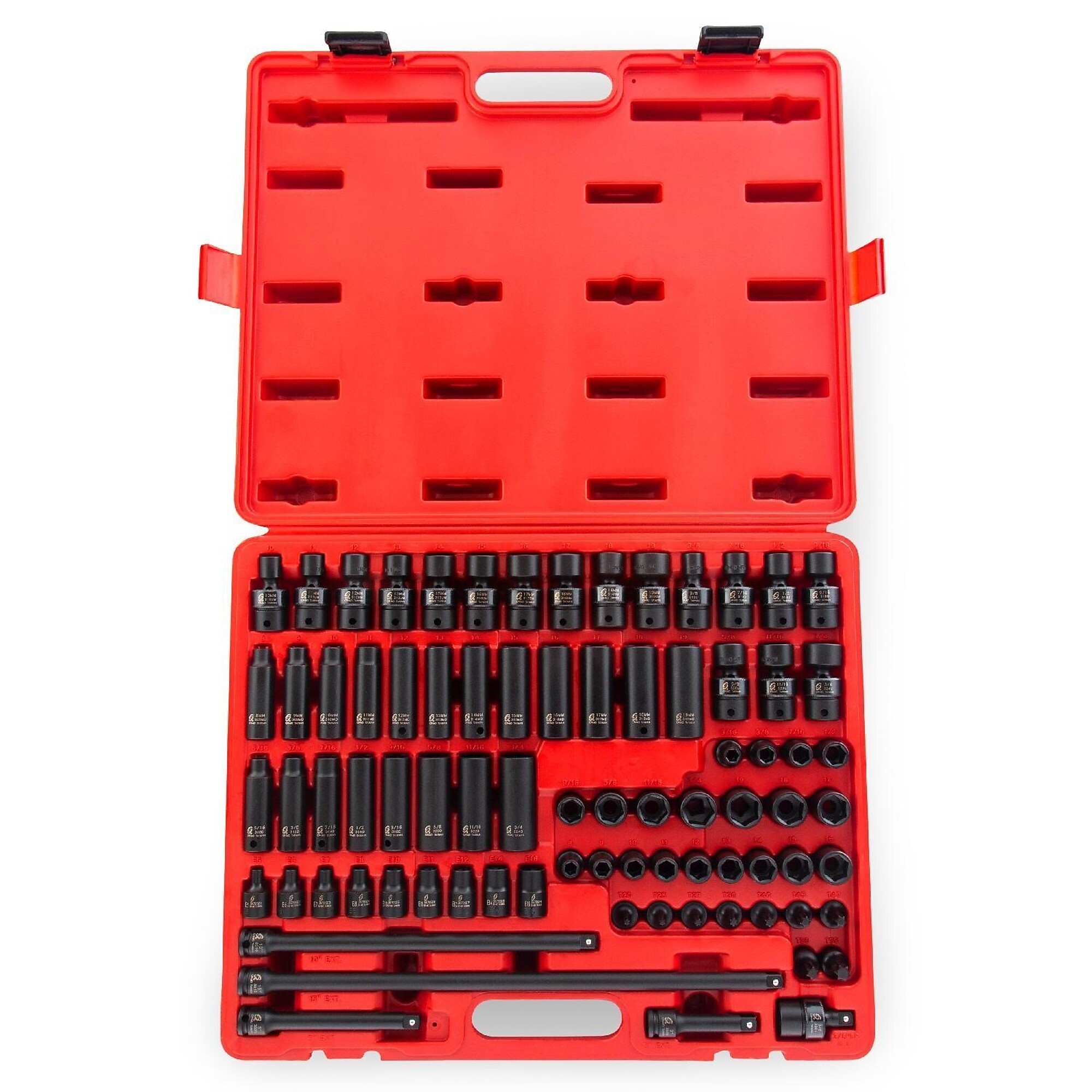 Juego de 80 llaves Sunex Tools 3/8in. SAE/Métricas 6-Puntos Estándar/Profundas/Universales/Estrella - Acero CR-MO, Modelo #3580
