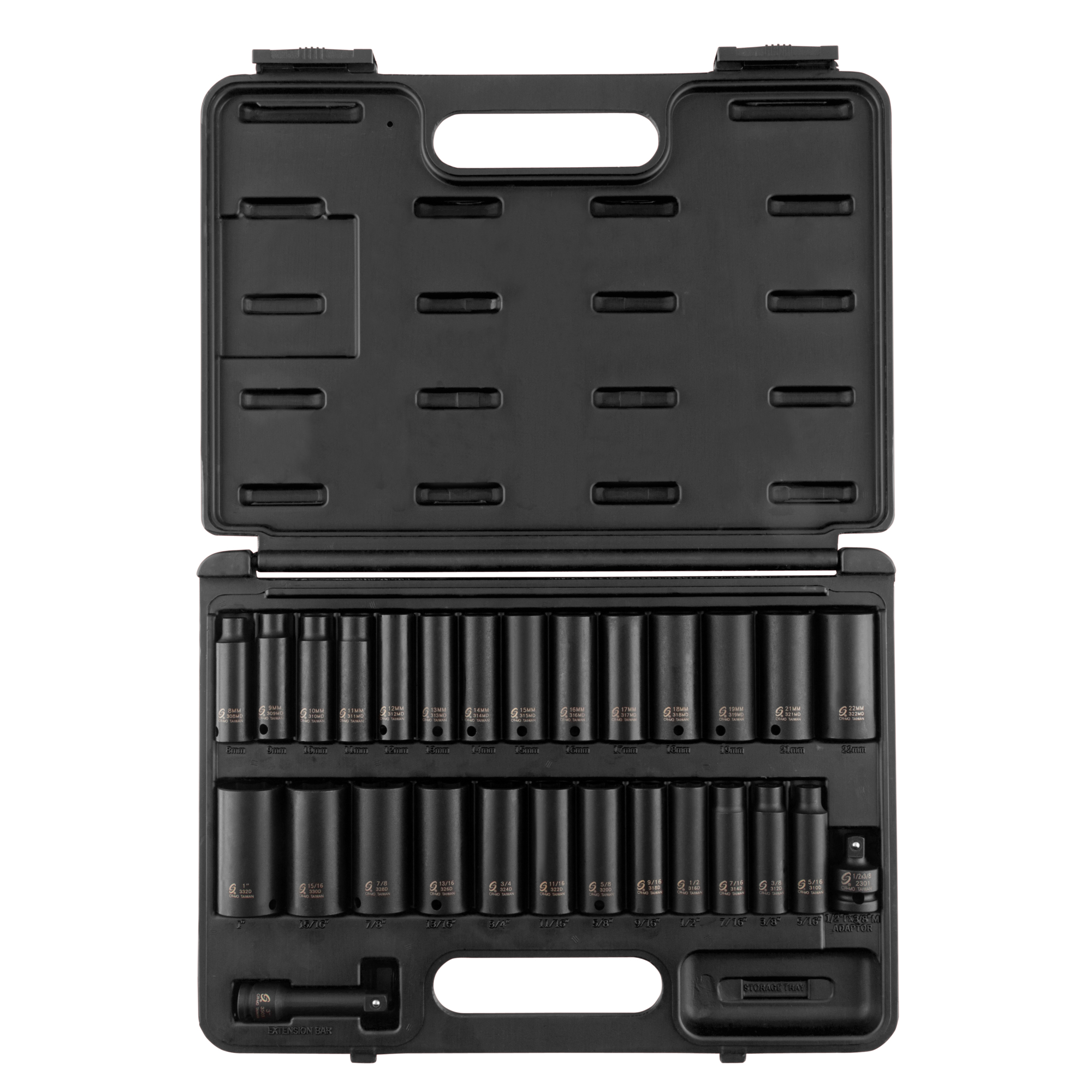 Set de vasos de impacto Sunex Tools Master - 3/8 pulgadas, sistema SAE/métrico, de 6 puntas, profundos, 28 piezas, modelo# 3360DD.