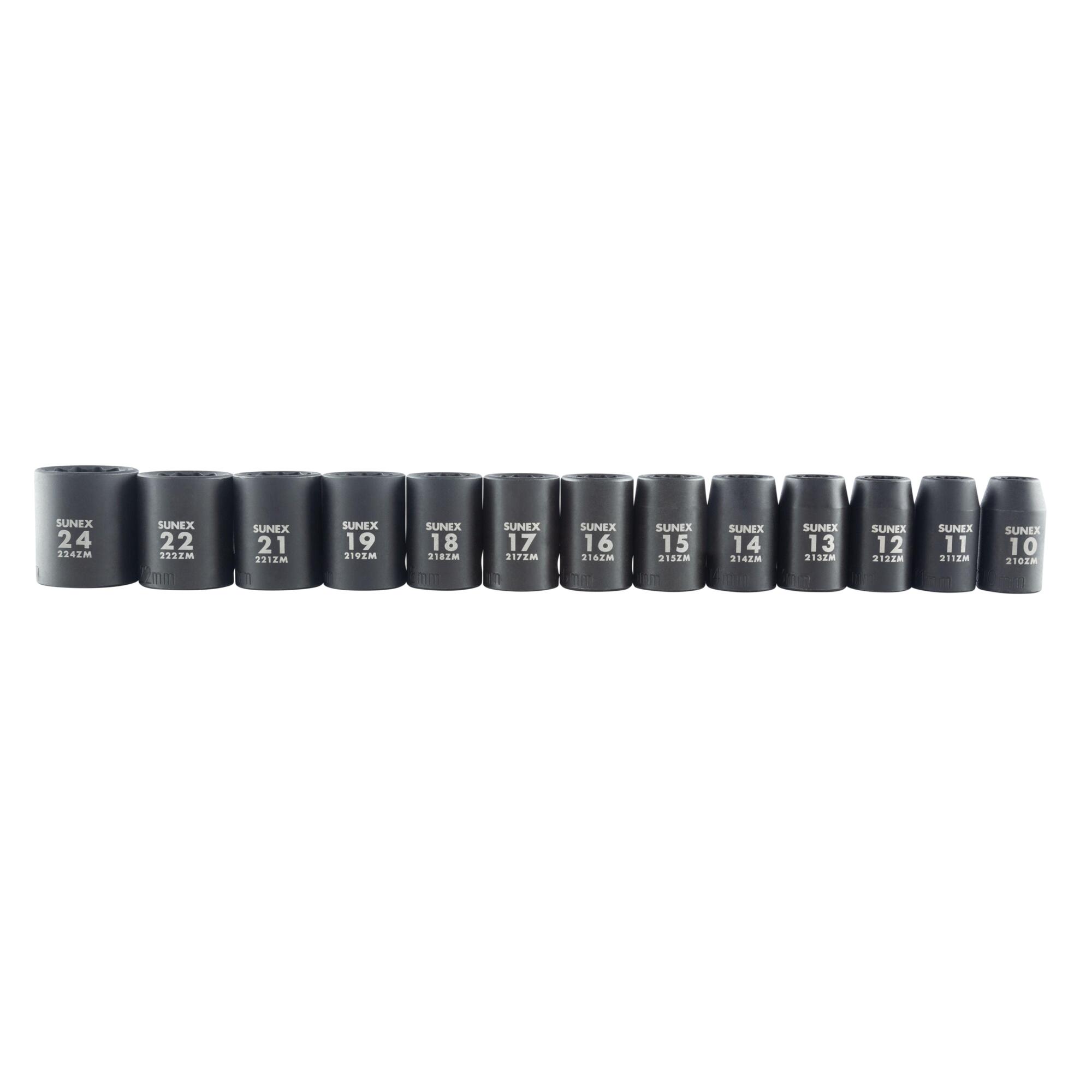Set de llaves de impacto métricas Sunex Tools - 1/2 pulgadas, unidad de 12 puntos, 13 piezas, acero CR-MO, modelo #2679A