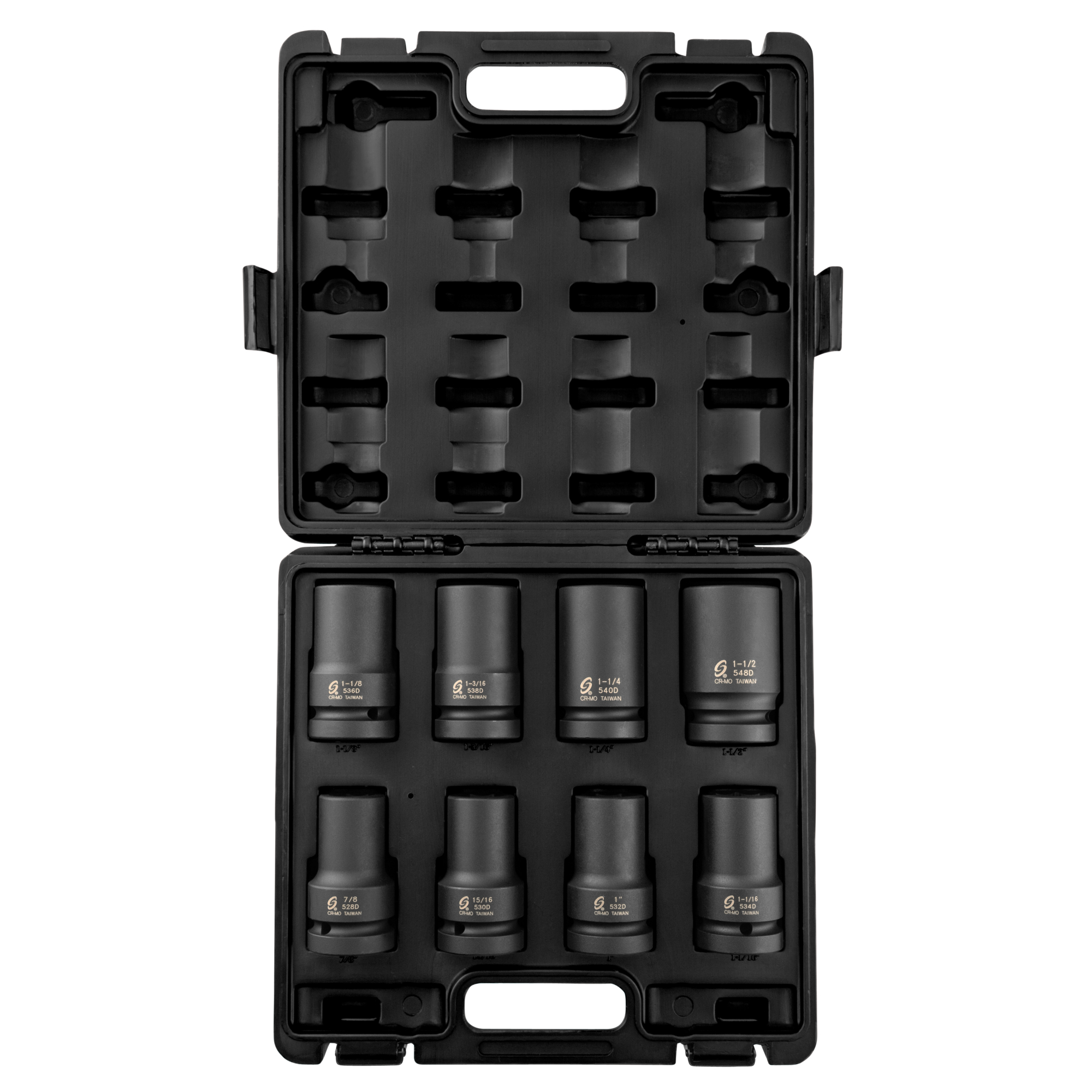 Set de 8 llaves de impacto Sunex Tools de 1 pulgada, medida SAE de 6 puntas profundas, de acero aleado CR-MO, modelo #5681.