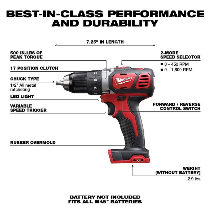 Milwaukee M18 Taladro Inalámbrico de 1/2 pulgadas de Litio-Ion 18V (Herramienta solamente) - 2606-20