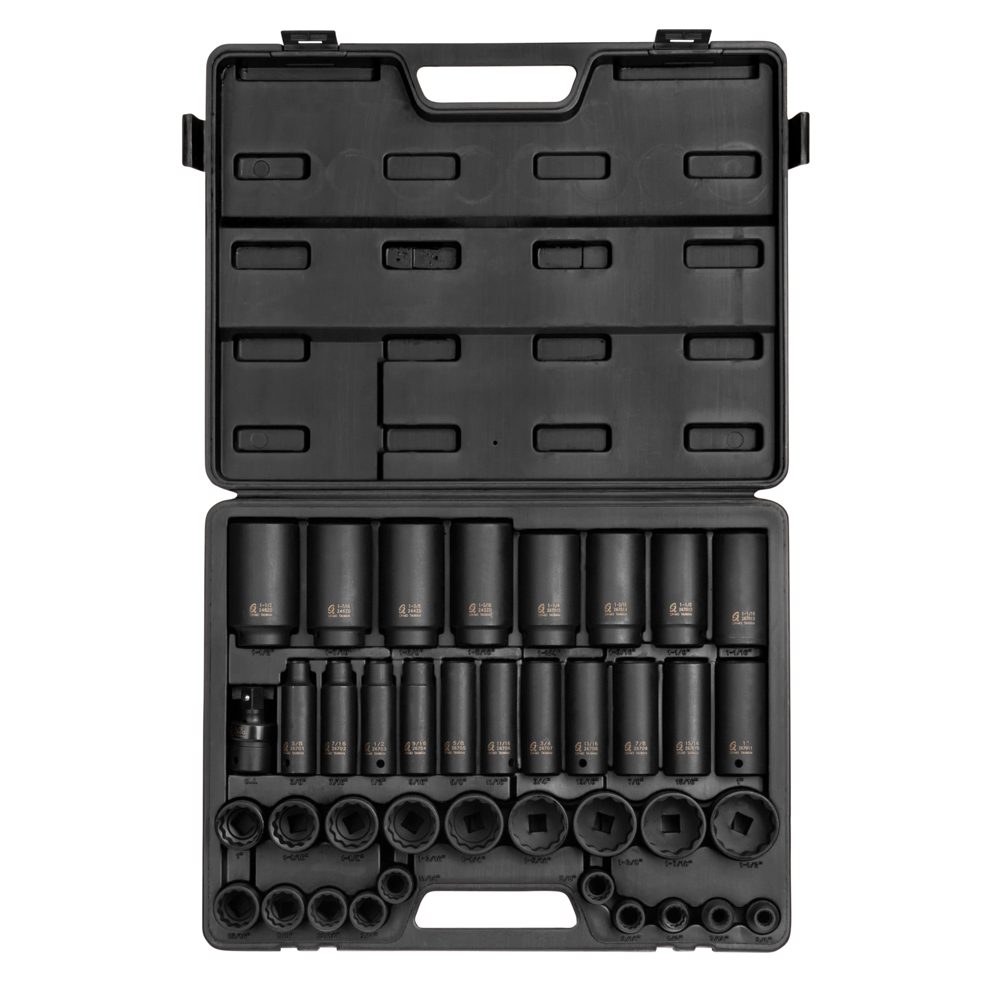 Set de dados de impacto Sunex Tools - 1/2 pulg. Drive, SAE, 12 Pt, estándar y profundo, 39 piezas, Modelo #2698.